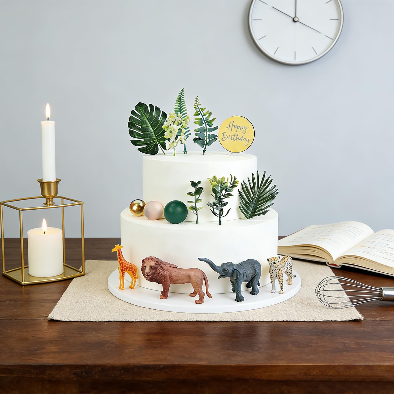 27 Stk. Dschungel Tier-Kuchentoppers Safari-Deko, Tierfiguren mit Löwe, Elefant und Gepard, naturgetreue Blätter und Goldkugeln, inklusive Happy-Birthday-Label für Partykuchen und Themenfeiern