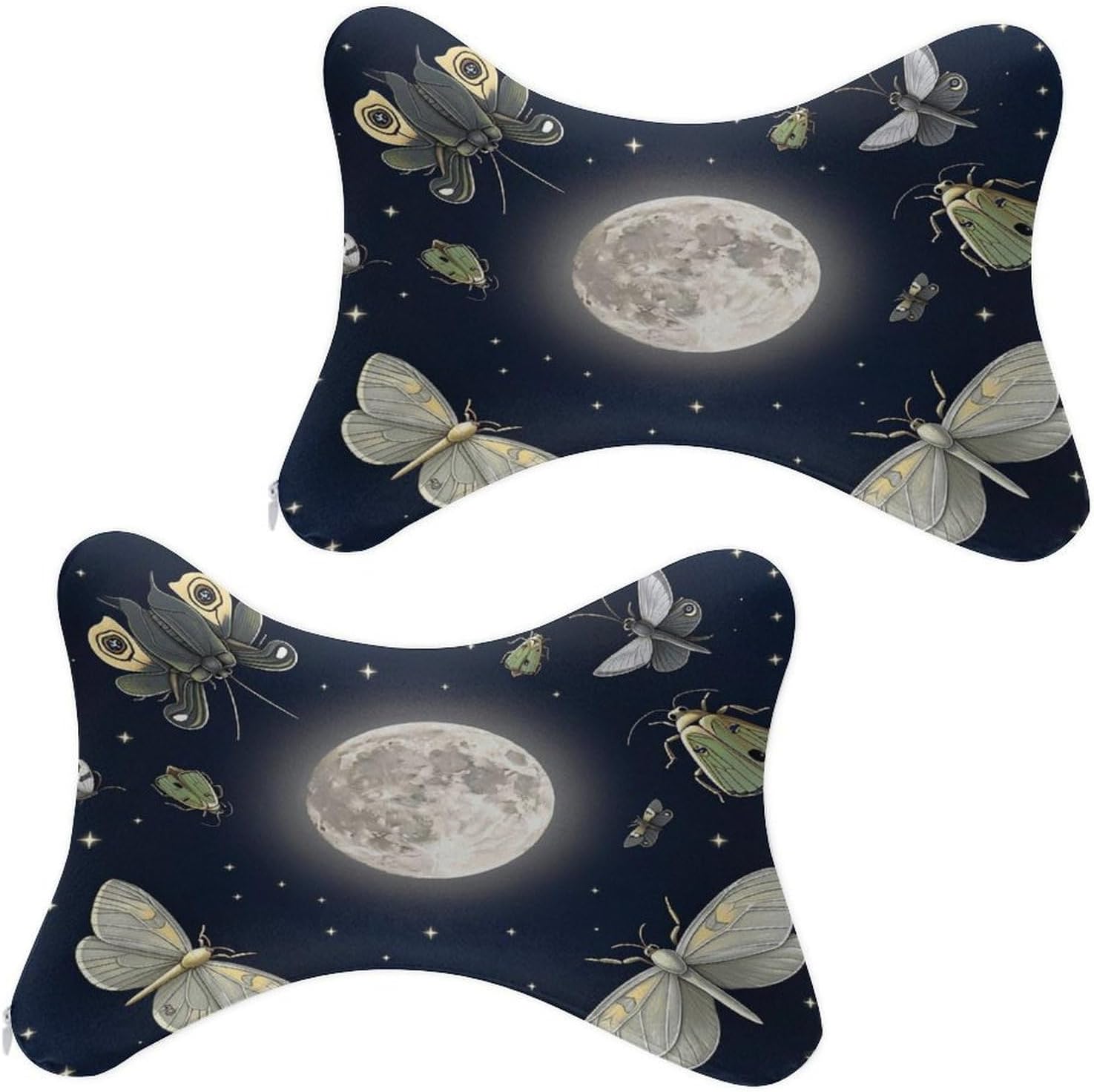 2 Pieces Moon Night Flying Moth Starry Sky Art Car Headrest Protect Neck Pillow Ergonomic Design, Comfortable Soft Memory Foam Cervical Support Pillow for Travelling and Home