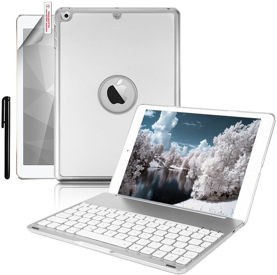 BORIYUAN iPad Pro 9.7 Keyboard Case, Aluminum 7 Color Backlit Wireless Bluetooth Keyboard Folio Smart Cover for Apple iPad Pro 9.7 with Foldable Stand Function + Screen Protector + Stylus, Silver