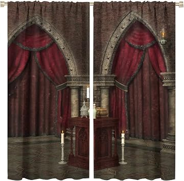 Gothic Curtains, Black Red Mysterious Dark Room in Castle Pillars Candles Atmosphere Pattern, Living Room Bedroom Window Drapes 2 Panel Set, 84" X 84"