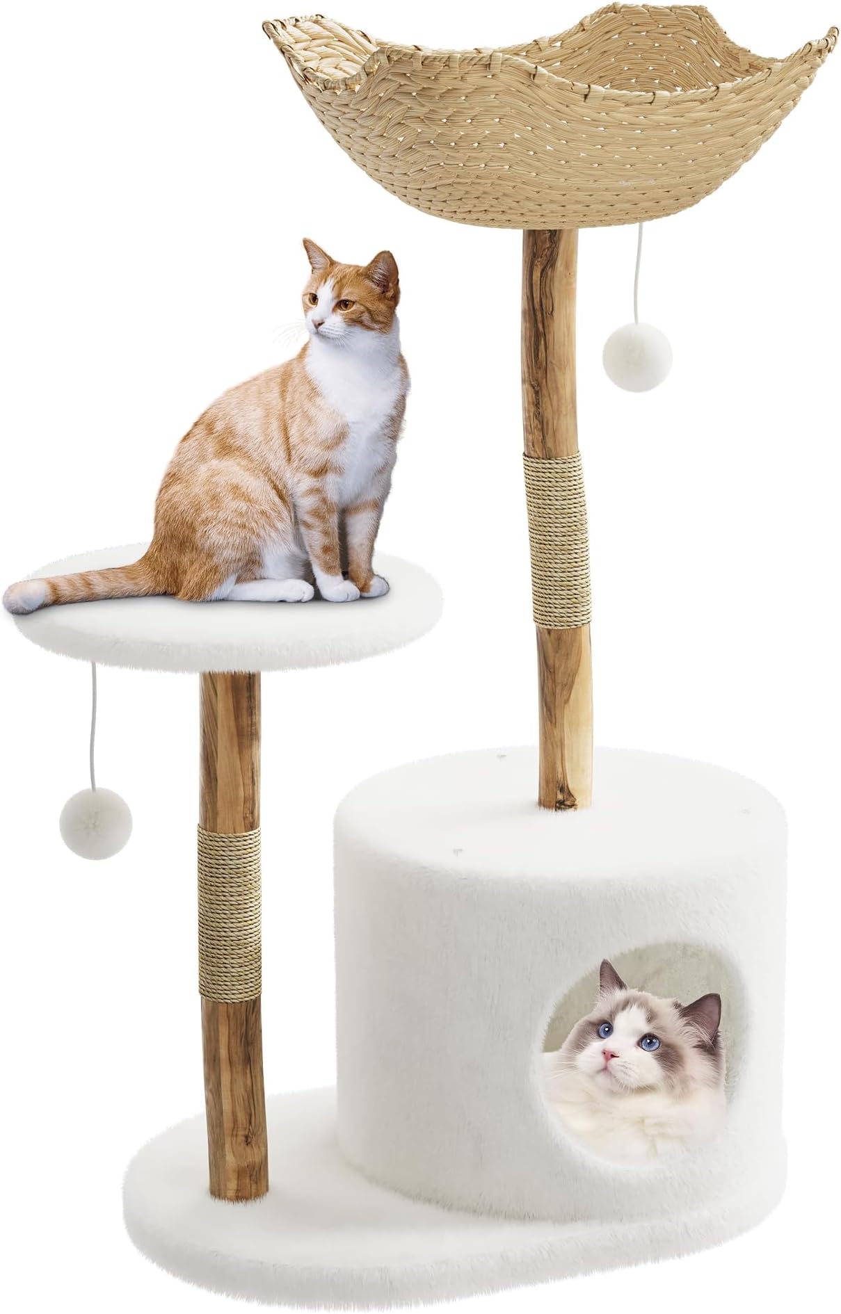 Modern Cat Tree with Hand-Woven Basket Bed, Aesthetic Flower Cat Tower with Jute Scratching Posts & Cozy Condo, Sturdy Activity Centre for Indoor Cats