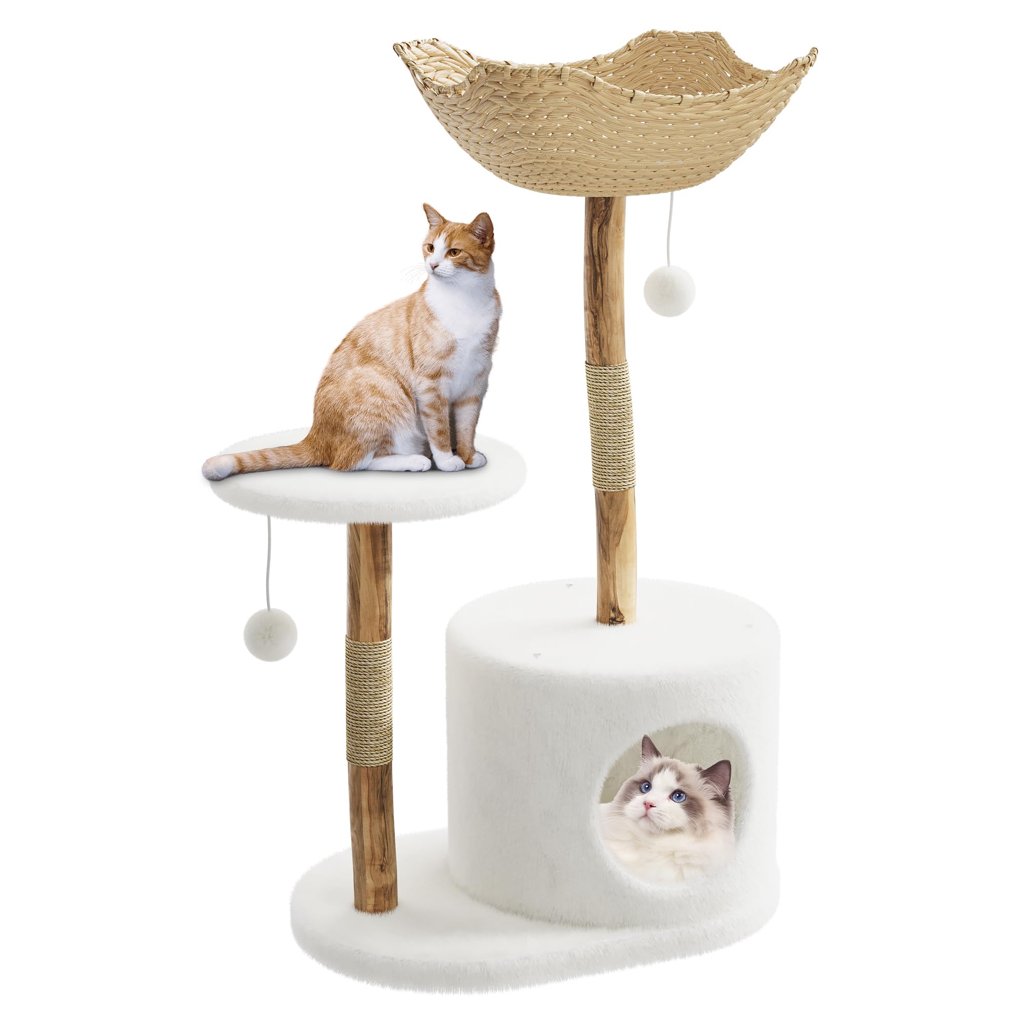 Modern Cat Tree with Hand-Woven Basket Bed, Aesthetic Flower Cat Tower with Jute Scratching Posts & Cozy Condo, Sturdy Activity Centre for Indoor Cats