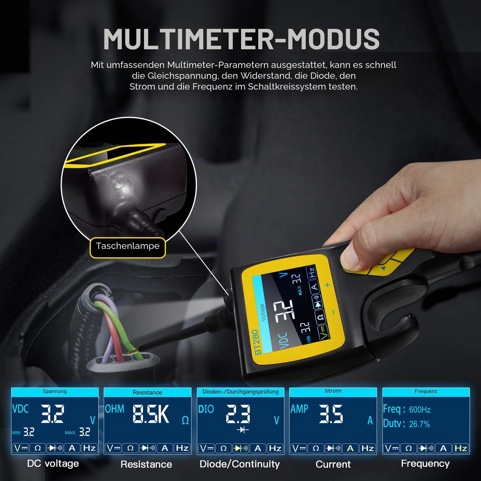 AUTOOL BT280 Schaltkreis Tester für elektrische Systeme, Werkzeuge für elektronische Systeme in Kraftfahrzeugen, Diagnosewerkzeug für elektrische Systeme mit 9 V bis 30 V und 2,4-Zoll-LCD-Display