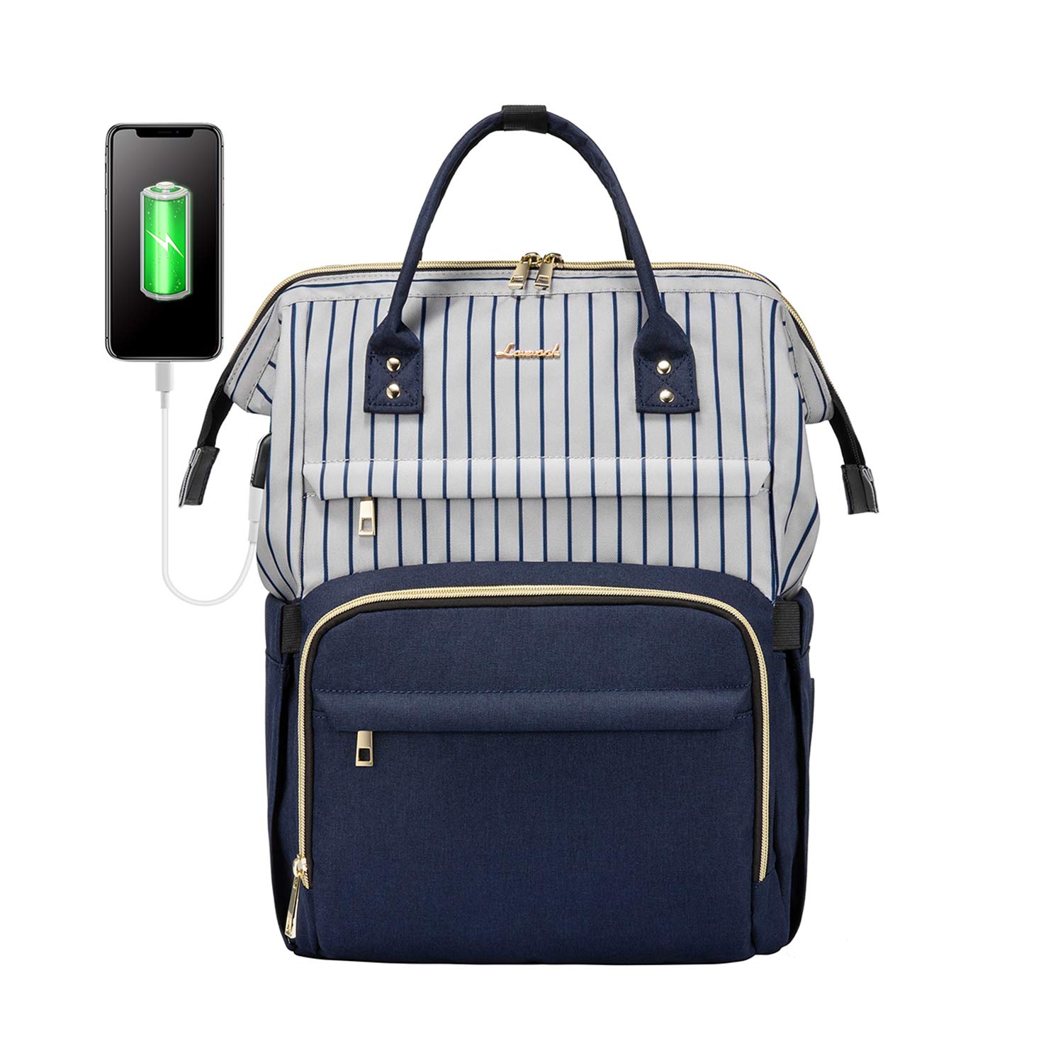 LOVEVOOK Laptop Backpack for Women Work Laptop Bag Stylish Teacher Backpack Business Computer Bags College Large Capacity Laptop Rucksack, Stripe Navy