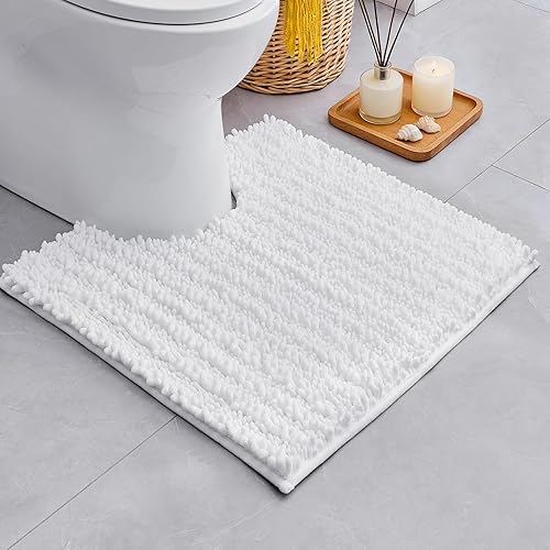 Alfombra de inodoro blanca de 24 x 24 pulgadas, lavable a máquina, antideslizante, en forma de U, alfombra de contorno absorbente para suelo de baño