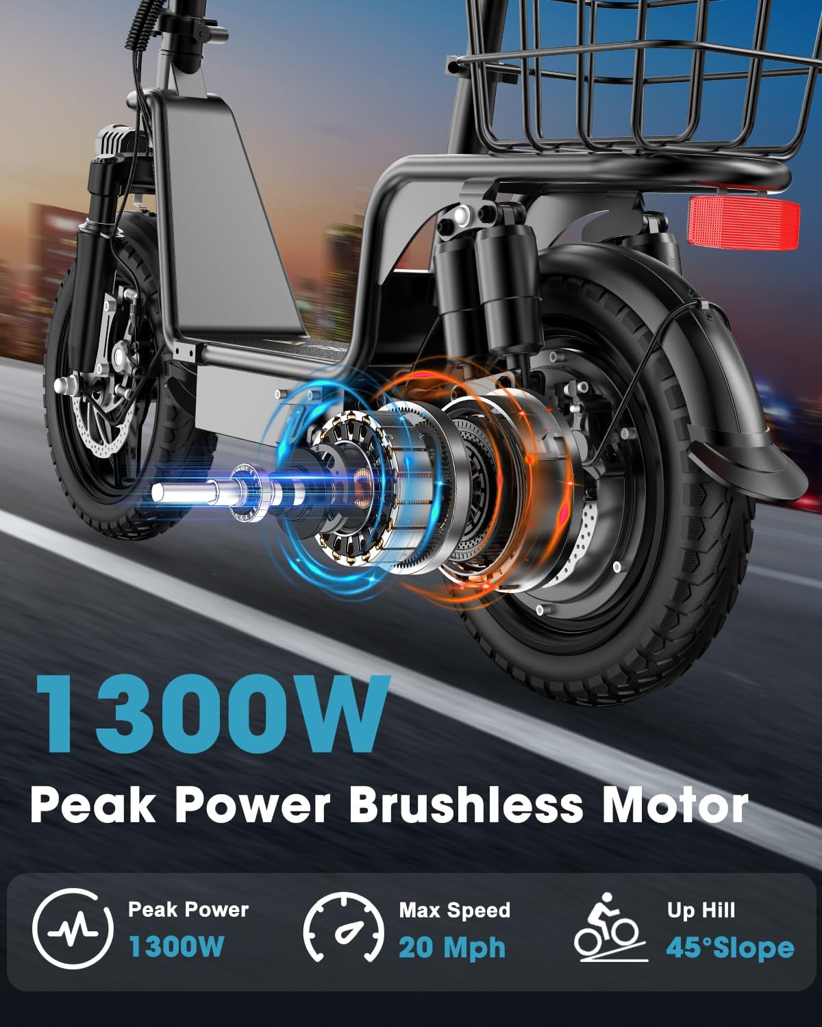 Electric Scooter with Seat for Adults, Peak 1300W Motor, 28-35 Miles Range eScooter, 48V 13Ah Li Battery, 20MPH Foldable Commuter E-Scooter with Basket, Max 330LBS, UL2272 Certified, C14 PRO
