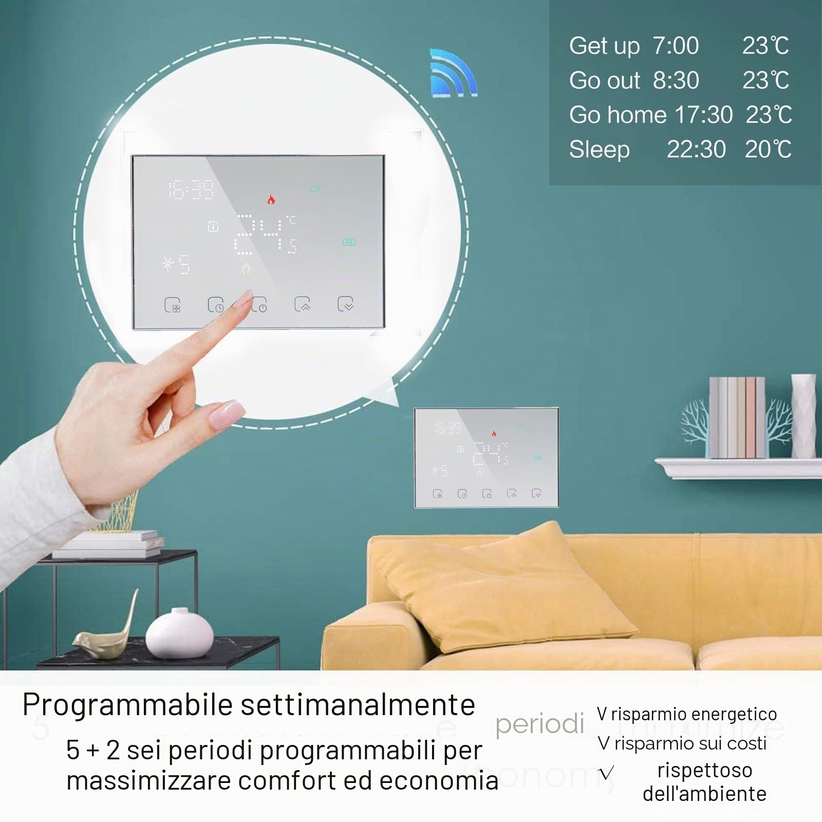 Termostato WiFi Smart RF per Riscaldamento Acqua e Caldaia Termostato a Parete Programmabile per Ambiente Funziona con Alexa Google Home Display Touchscreen Regolatore di Temperatura Wireless,Battery