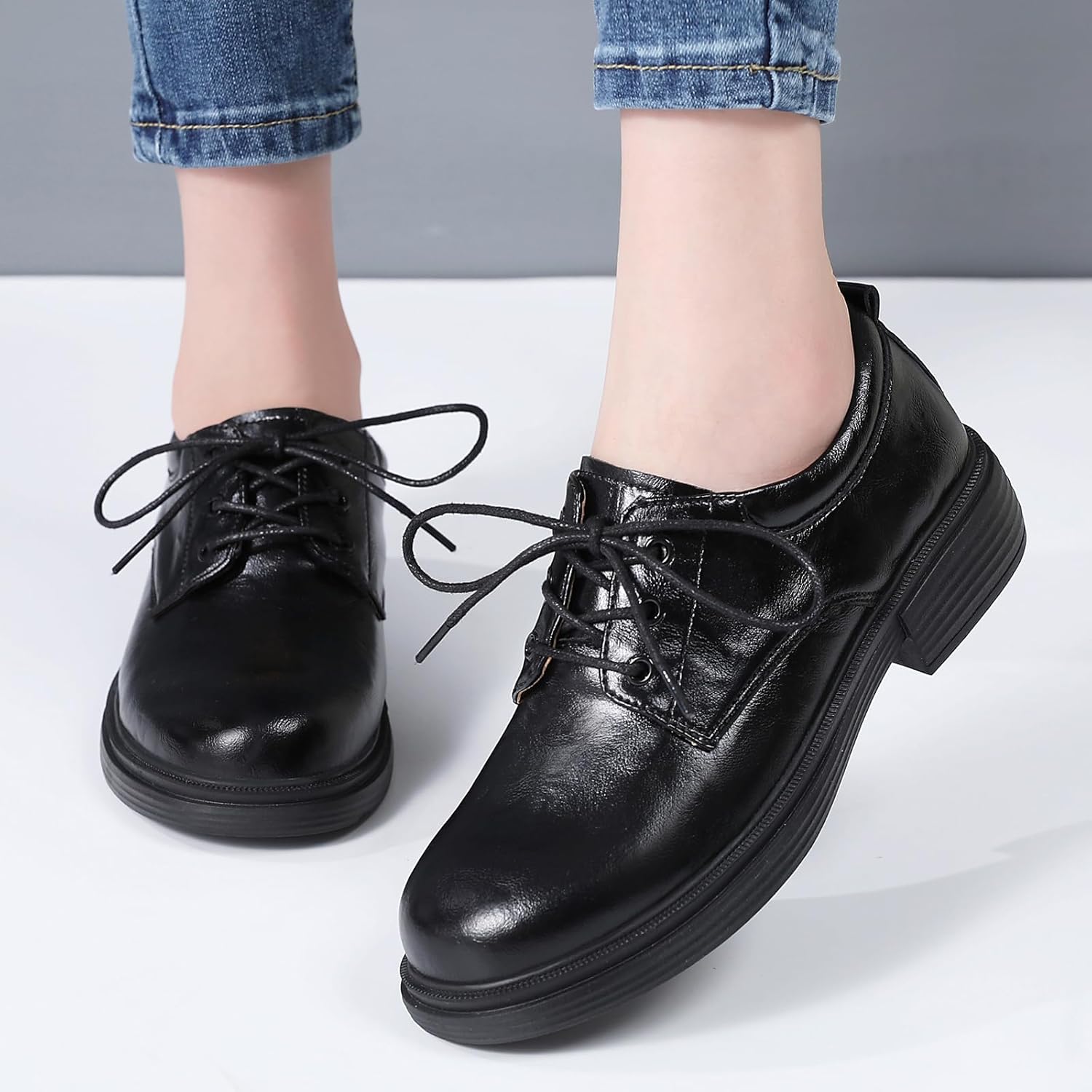 OKJ Oxford Shoes for Women Black Tie Women's Oxfords Shiny Leather Comfortable Slip on Lace up Ladies Loafers Business Casual Dress Work Office Shoes - Image 5