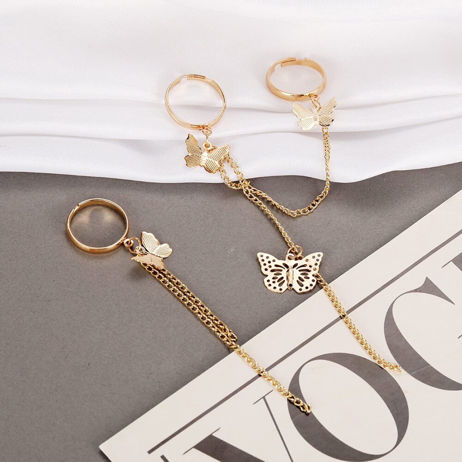 Butterfly Chain Rings Set Plated Toned