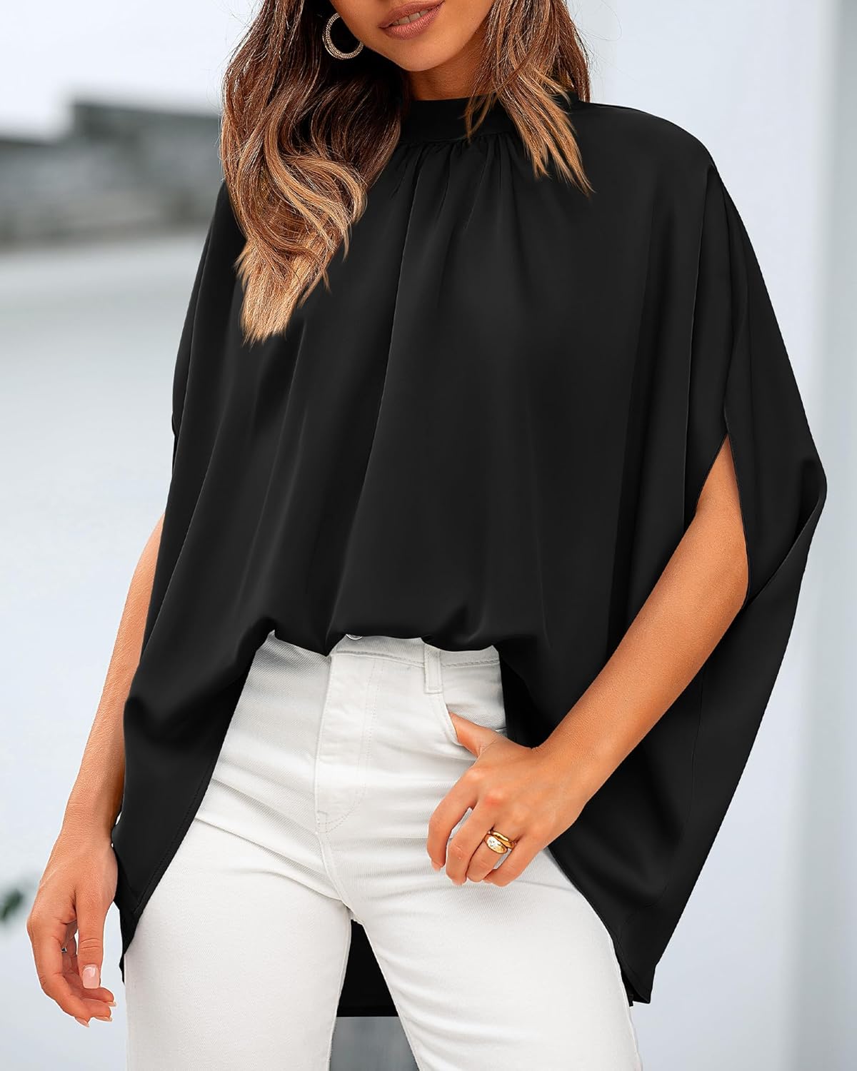 BTFBM Womens Summer Tops 2026 Mock Neck Batwing Sleeve Silk Satin Shirts Loose Oversized Dressy Casual Spring Blouses - Image 6