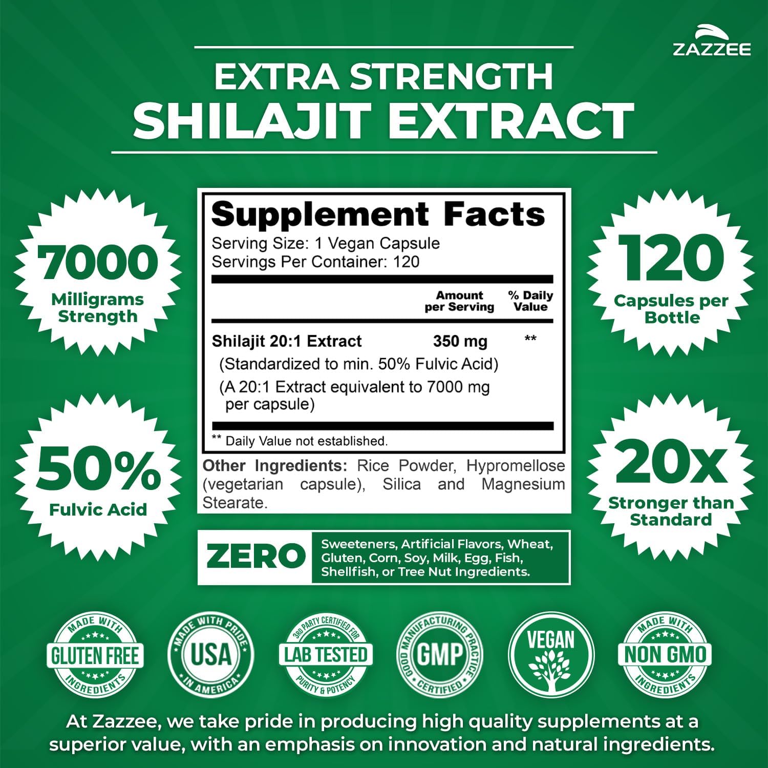 Zazzee 100% Pure Himalayan Shilajit 20:1 Extract, 7000 mg Strength per Capsule, 50% Fulvic Acid, 120 Servings per Bottle, 20X Potency, Rich in Trace Minerals, Non-GMO, Vegan, Made in The USA - Image 2