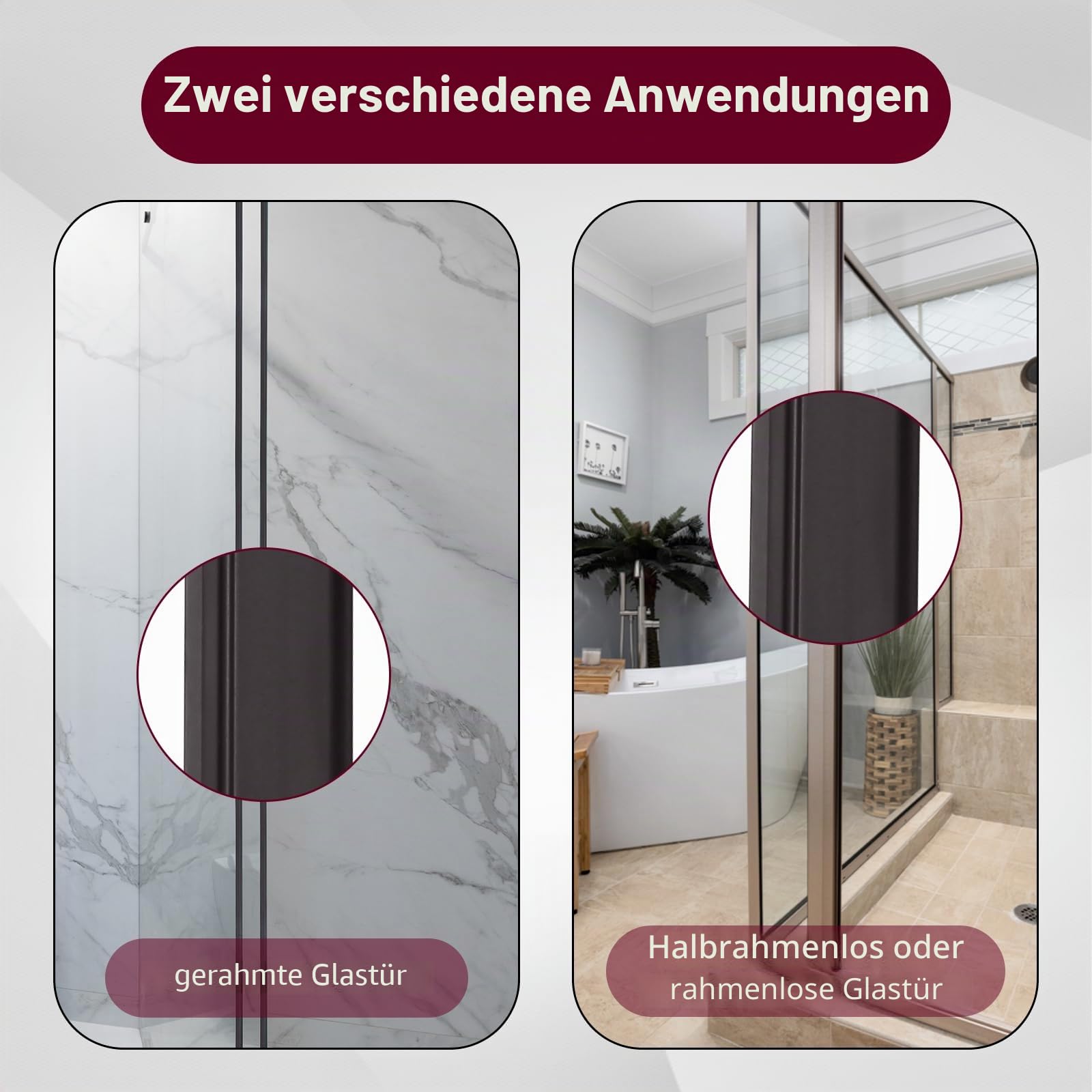 Ersatz-Magnetstreifen für Duschtür, flexibler Magnetstreifen, Duscheinsatz, Ersatz für gerahmte, halbgerahmte Schwingglas-Duschtür (2 Rollen, 190 cm pro Rolle)