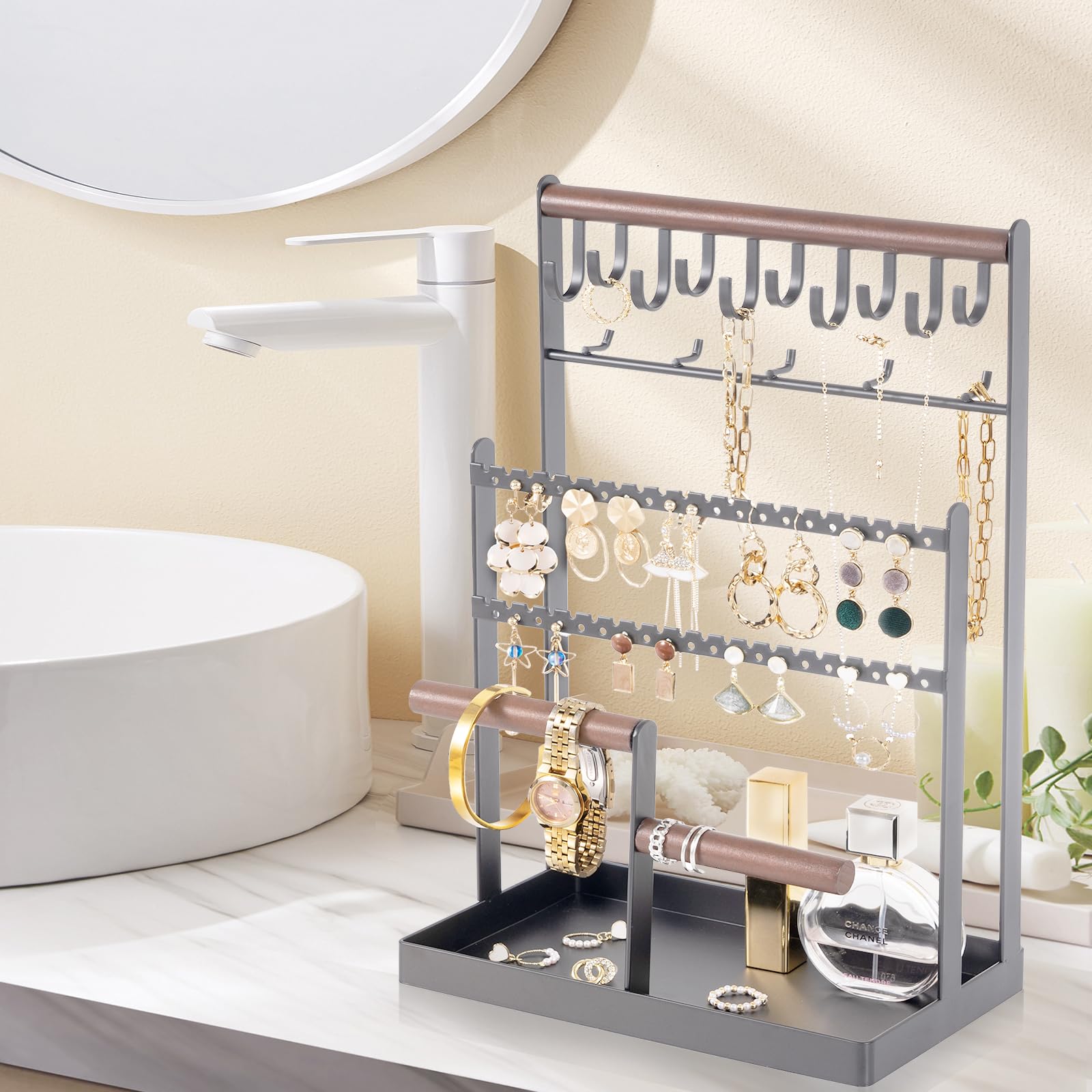 ProCase Organizer per gioielli, organizer per collane, orecchini, regali di San Valentino, 6 ripiani, supporto per collane, espositore per gioielli, albero per braccialetti e anelli, grigio