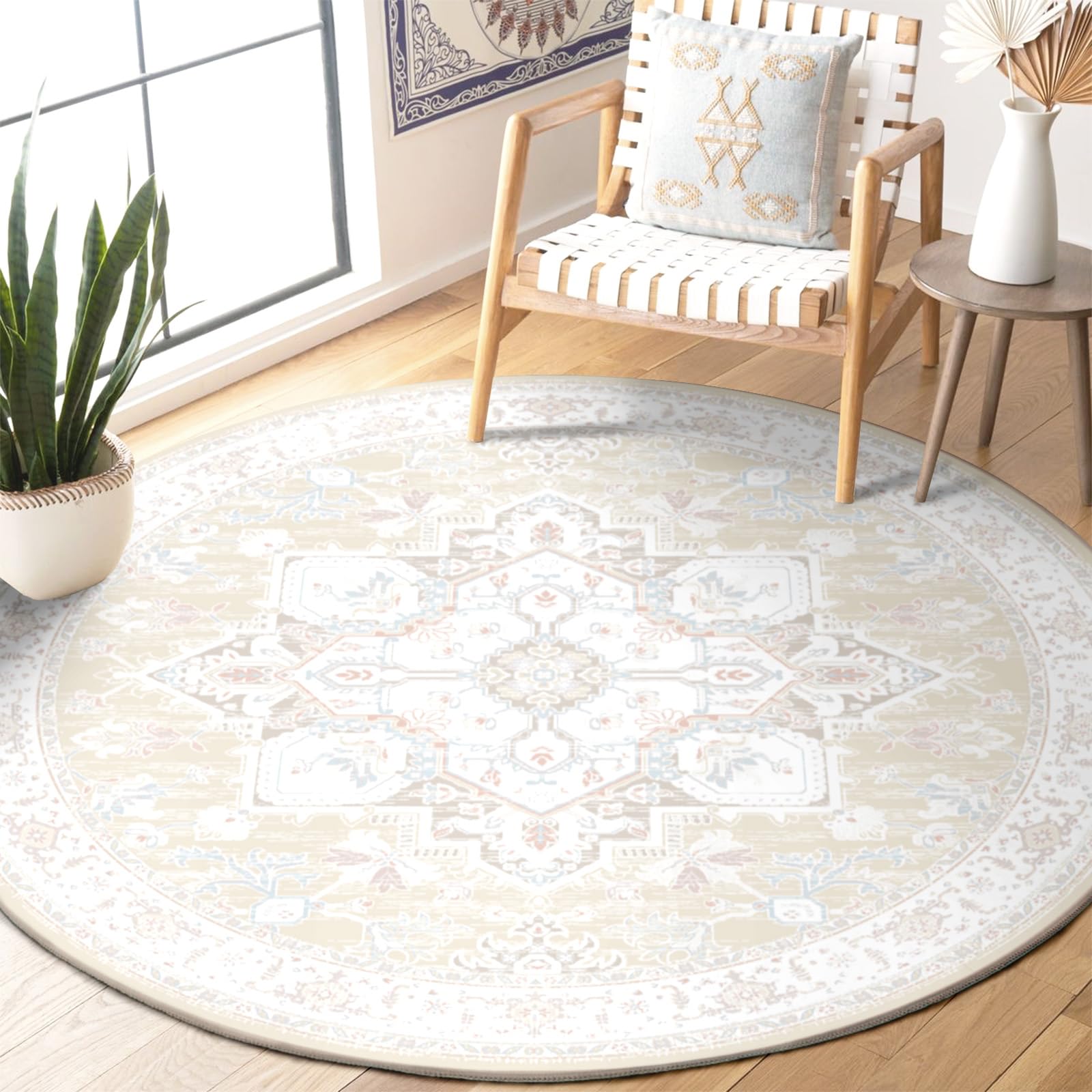 BESTSWEETIE 4ft Round Rugs Rugs, Washable 4ft Round Rug, Non Slip Water Repellent Round Rugs, Low Pile Doormat Soft Vintage Rug for Bedroom Kitchen Indoor-Cream