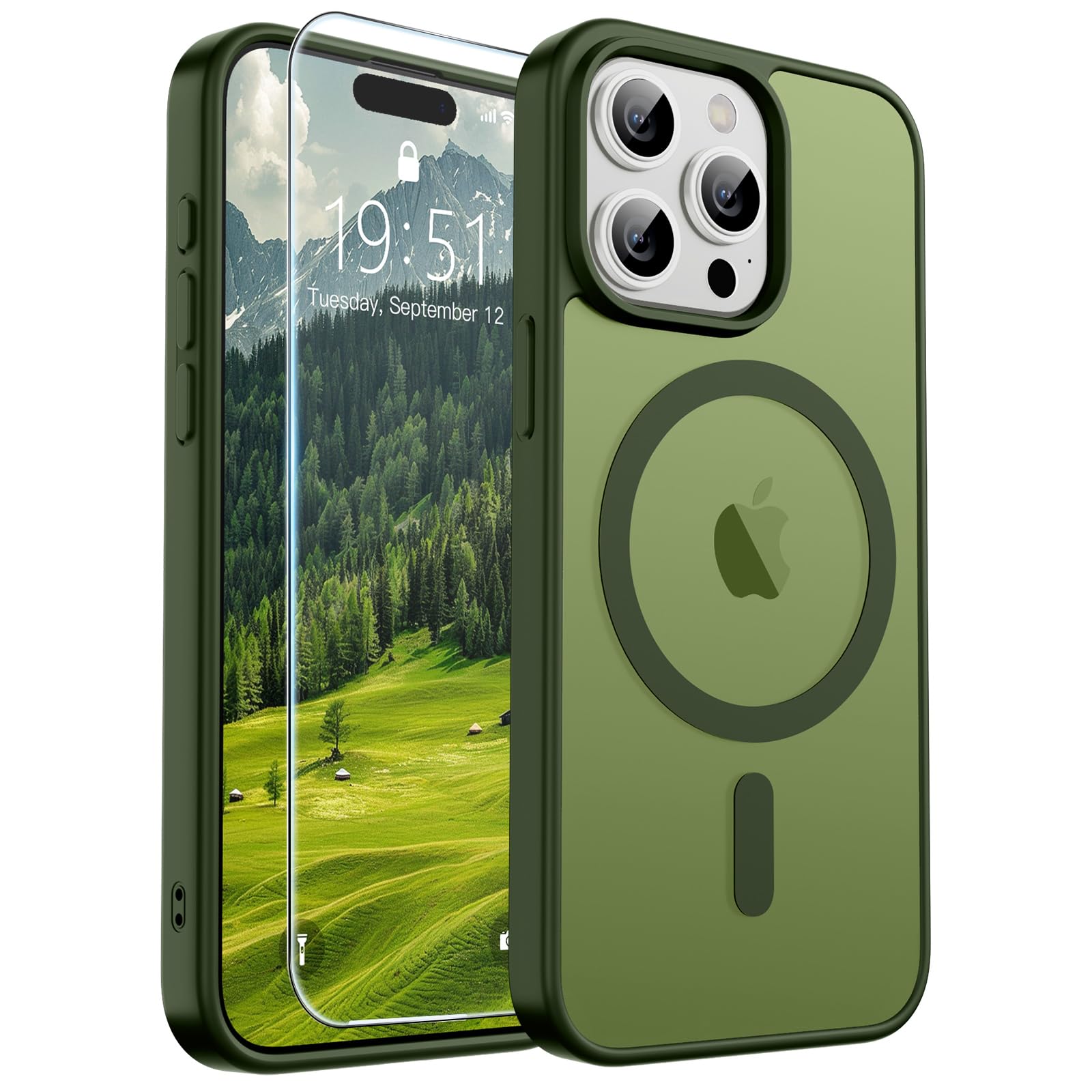 SUPFINE Magnetic for iPhone 15 Pro Max Case Cangling Green | With Screen Protector, Translucent Matte, Compatible with MagSafe, Military Grade Drop Proof, Rugged Shockproof Protective