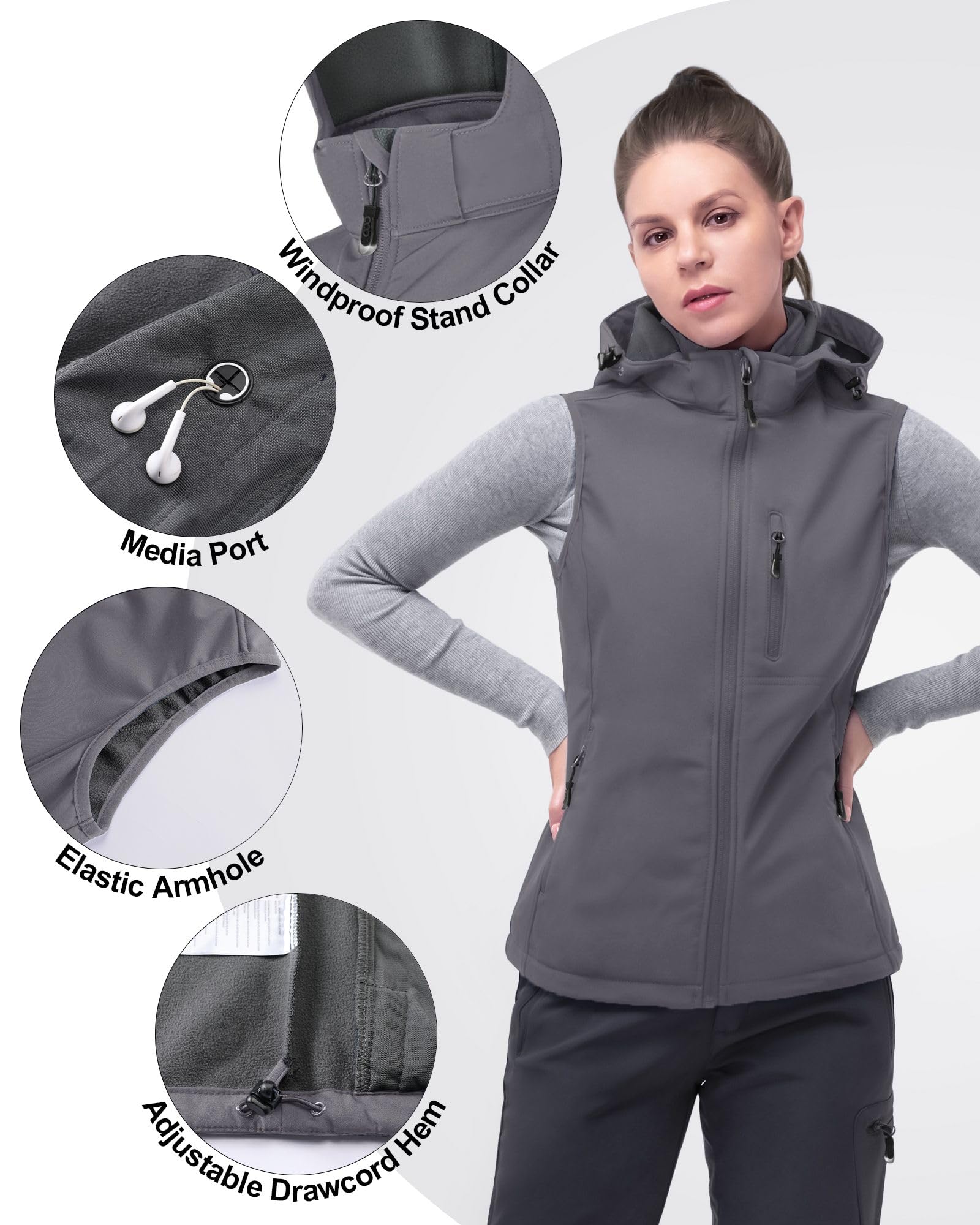 33,000ft Veste softshell légère à capuche pour femme avec doublure en polaire coupe-vent et fermeture éclair pour randonnée, golf, course à pied