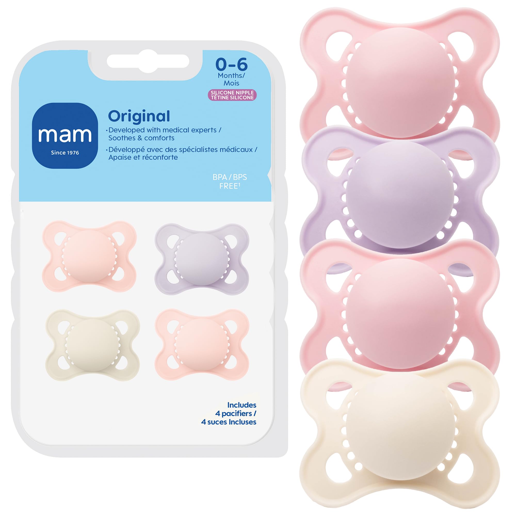 MAM Original Matte Baby Pacifiers 0-6 Months, Binky for Newborn Babies, BPA-Free Skin Soft Silicone Nipple, Easy to Clean, Developed with Medical Experts, 4 Count, With Sterilizer Case, Made in Europe
