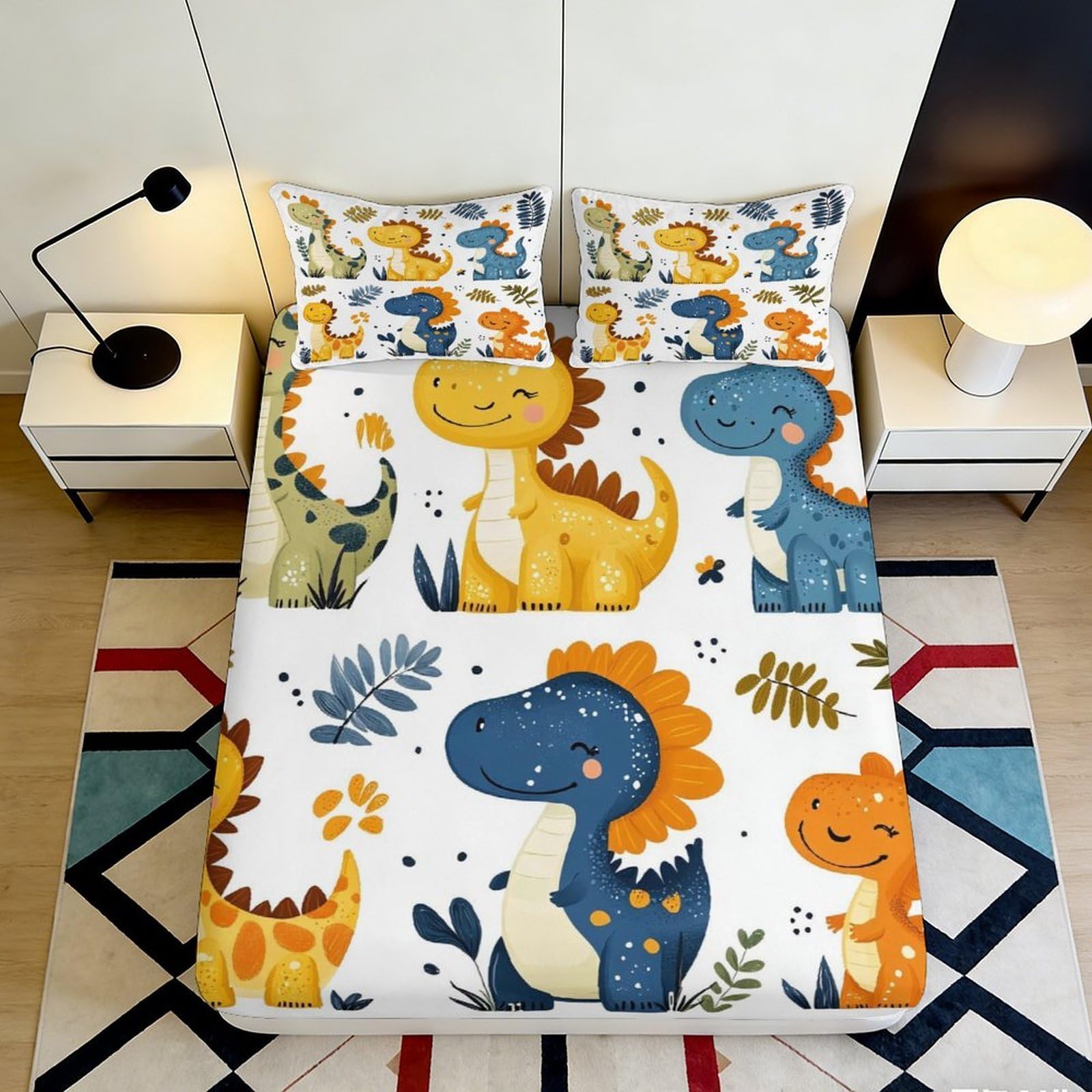 3D Printed Cartoon Dinosaur Fitted Sheet Microfiber Non-Slip Mattress Cover for Kids Bedroom Dorm Easy Care Decor 160x200x25cm