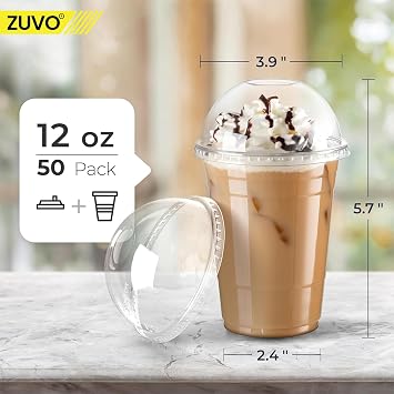 Zuvo Plastic Smoothie Cups with Dome Lids, Clear, 12oz, Pack of 50