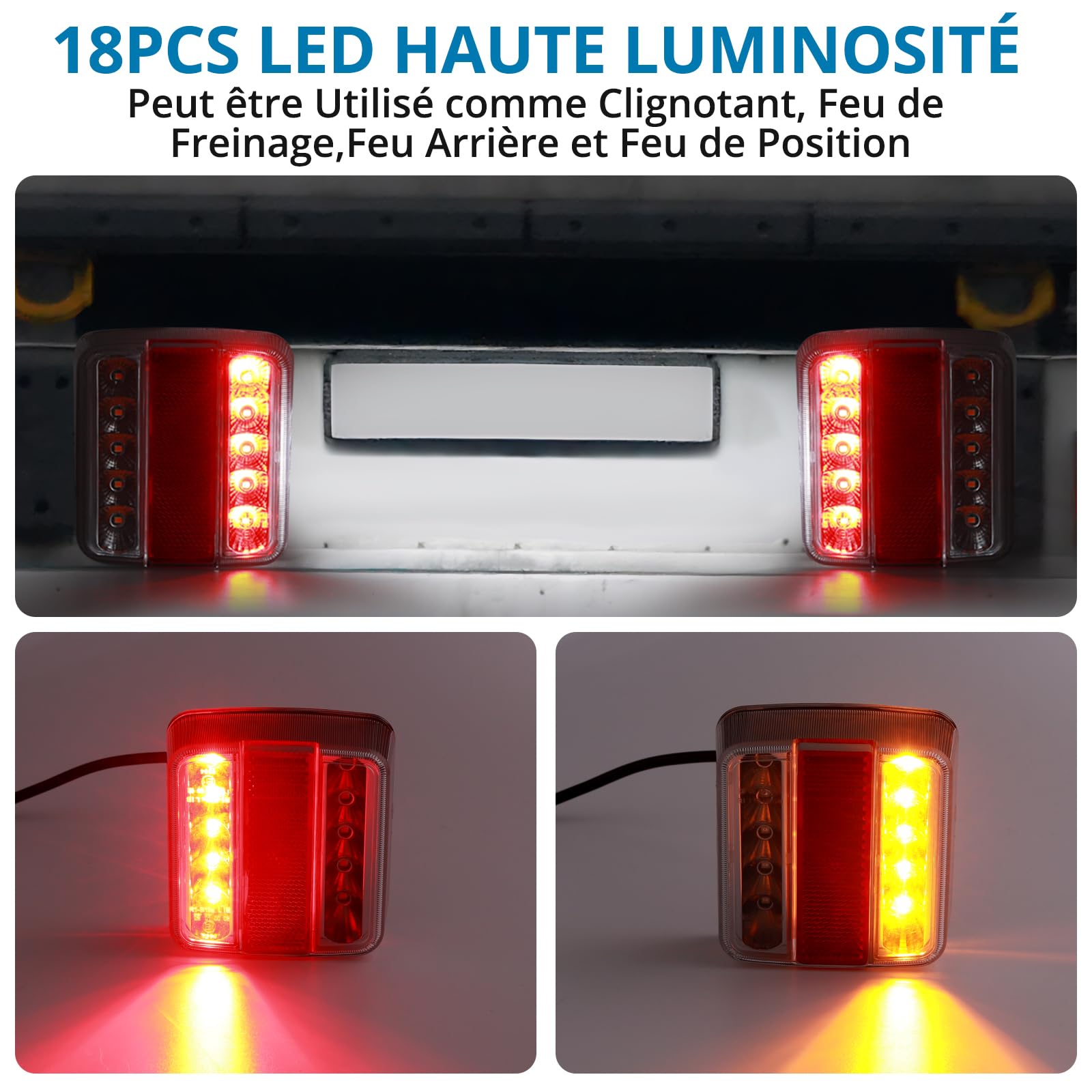 AUTOUTLET Feux Arrière Remorque Feux de Remorque Montage à Vis Câble de 7,5m 7 Broches 18 LEDs Super Claires avec E Mark E11 pour La Circulation Routière pour Camping-Car Camion Poids Lourd Tracteur