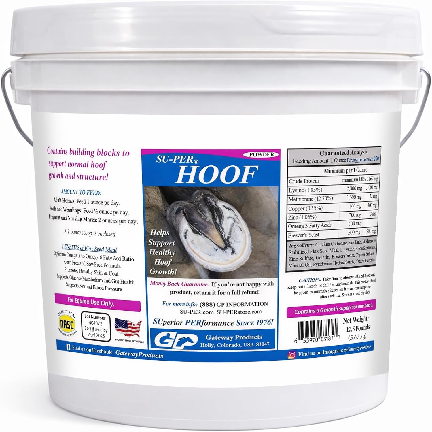 SU-PER Hoof Horse Supplement - Essential Nutrients for Hoof Growth and Hoof Care - Biotin, Gelatin, Lysine, Methionine, Zinc - 12.5 Pounds, 6 Month Supply