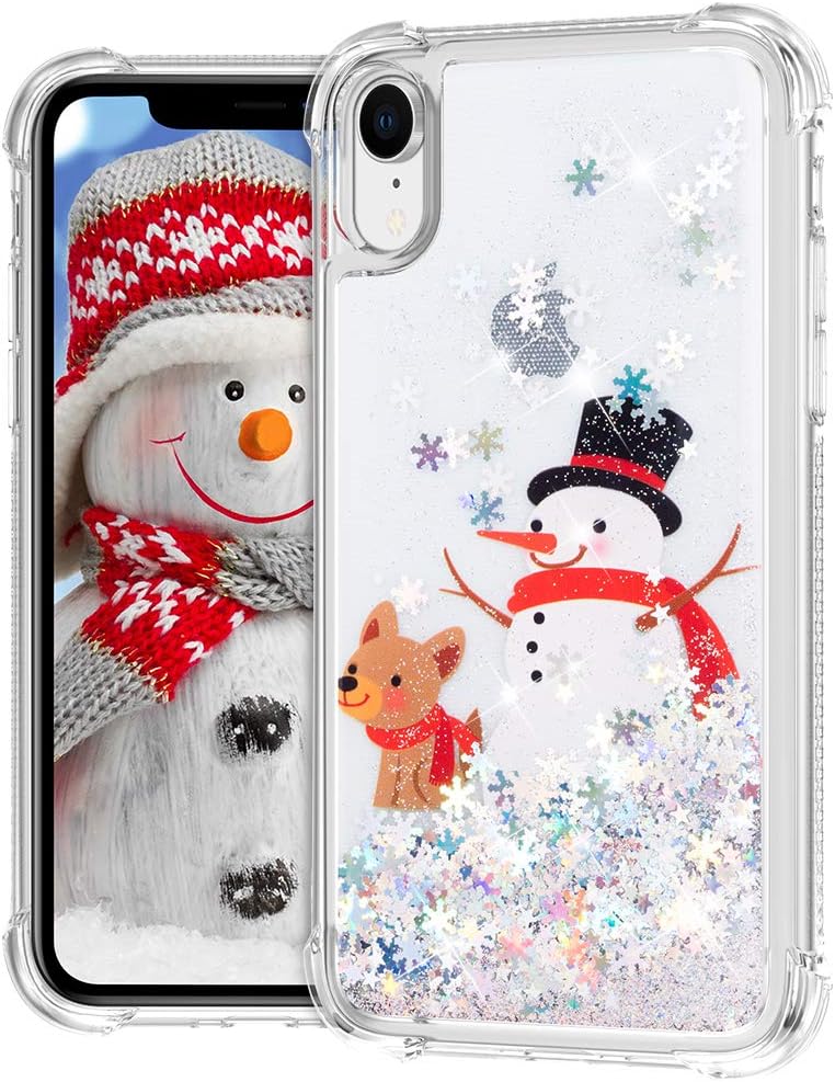 Ruky Christmas Case for iPhone XR, Glitter Liquid Flowing Bling Merry Christmas Snowman Pattern Soft TPU Bumper Shockproof Fashion Cute Women Girls Children Case for iPhone XR, Snowman