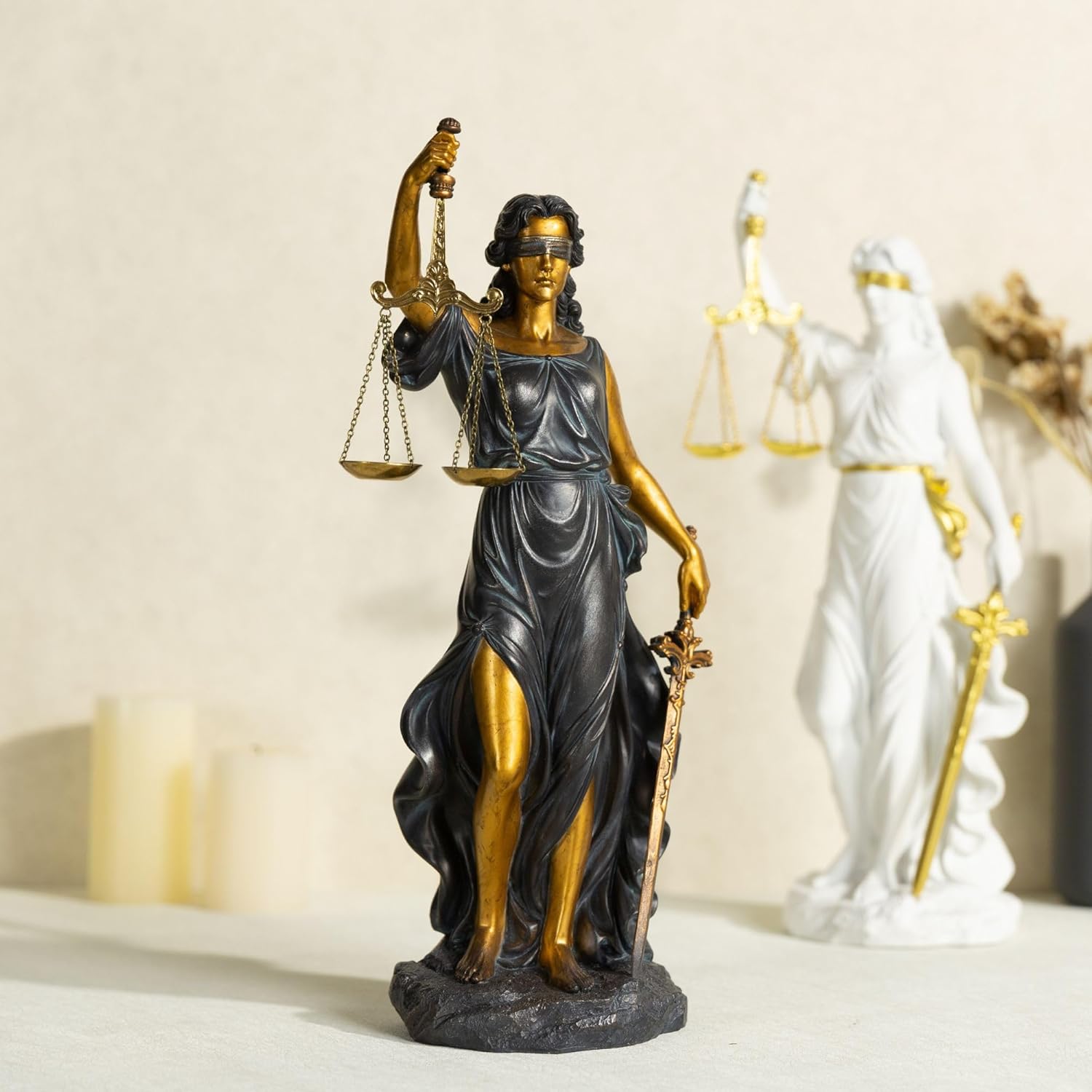 Lady Justice Statue, 13in Bronze and Gold Decorative Sculpture with Scale and Sword, Law Office Desk Decor, Lawyer Gift, Blind Justice Figurine for Bookshelf Living Room (Bronze & Gold)