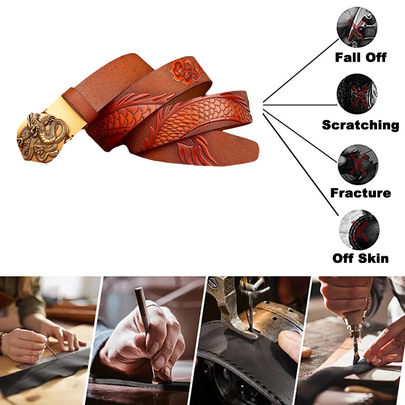 Cinturón De Piel Con Trinquete: Diseño Moderno Dragón Grabado, Hebilla Deslizante Automática Ajustable, Estilo Informal Vaca