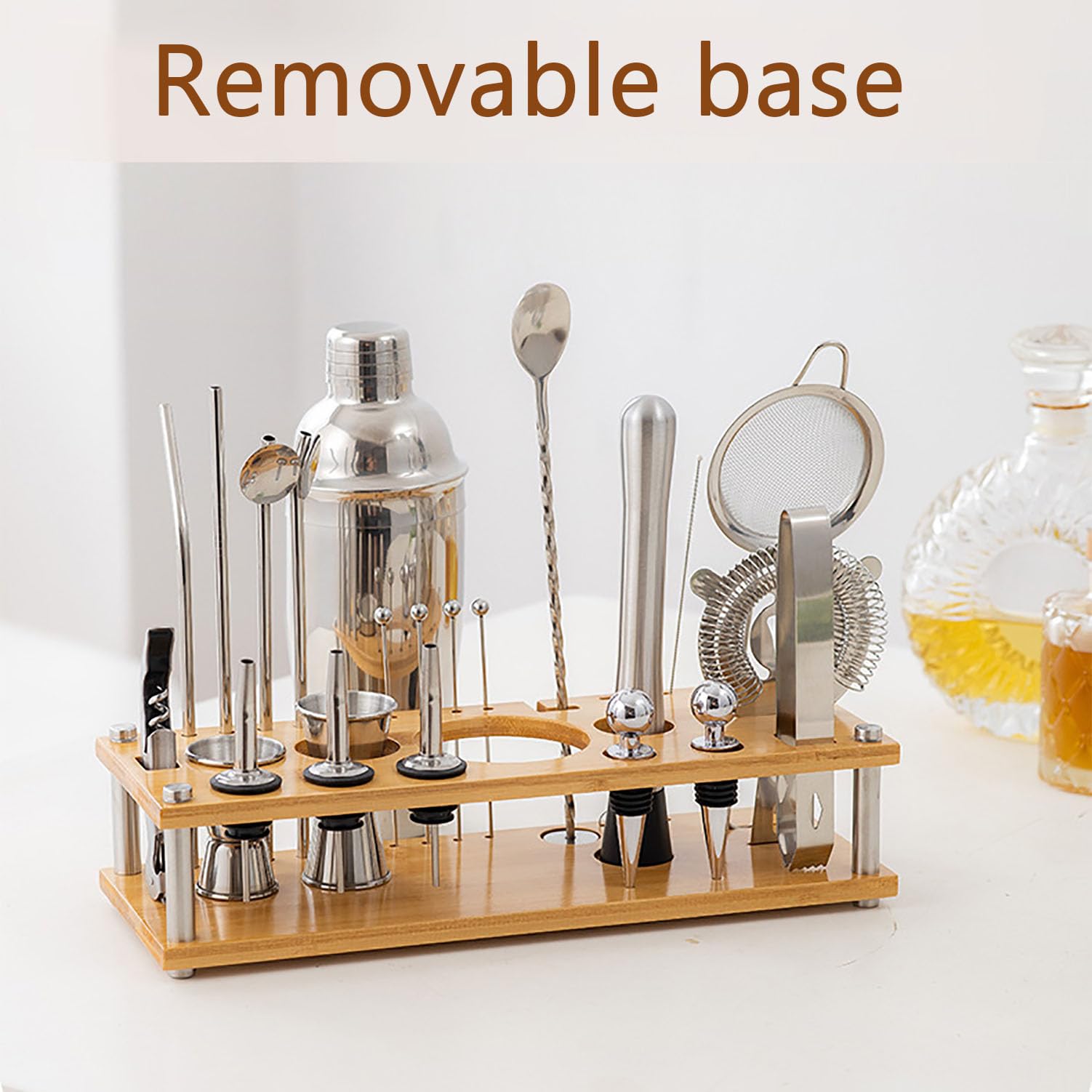 Juego De Mezclador De Bebidas para El Hogar, Juego De Coctelera De Acero Inoxidable De 24 Piezas, Herramienta De Copa De Cóctel con Base De Bambú Extraíble para Tiendas De Té con Leche