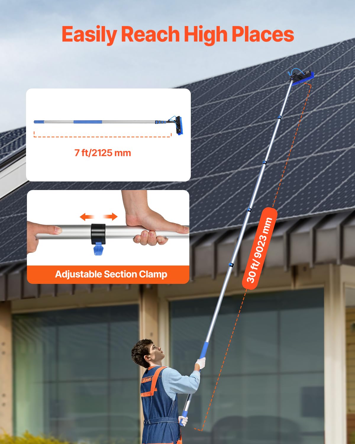 VEVOR Kit Palo Alimentato ad Acqua, Palo per Pulizia dei Pannelli Solari 9 m con Manico Estensibile, Testina della Spazzola Girevole a 180° Tubo Flessibile 20 m, per Ponte Pannello Solare Roulotte