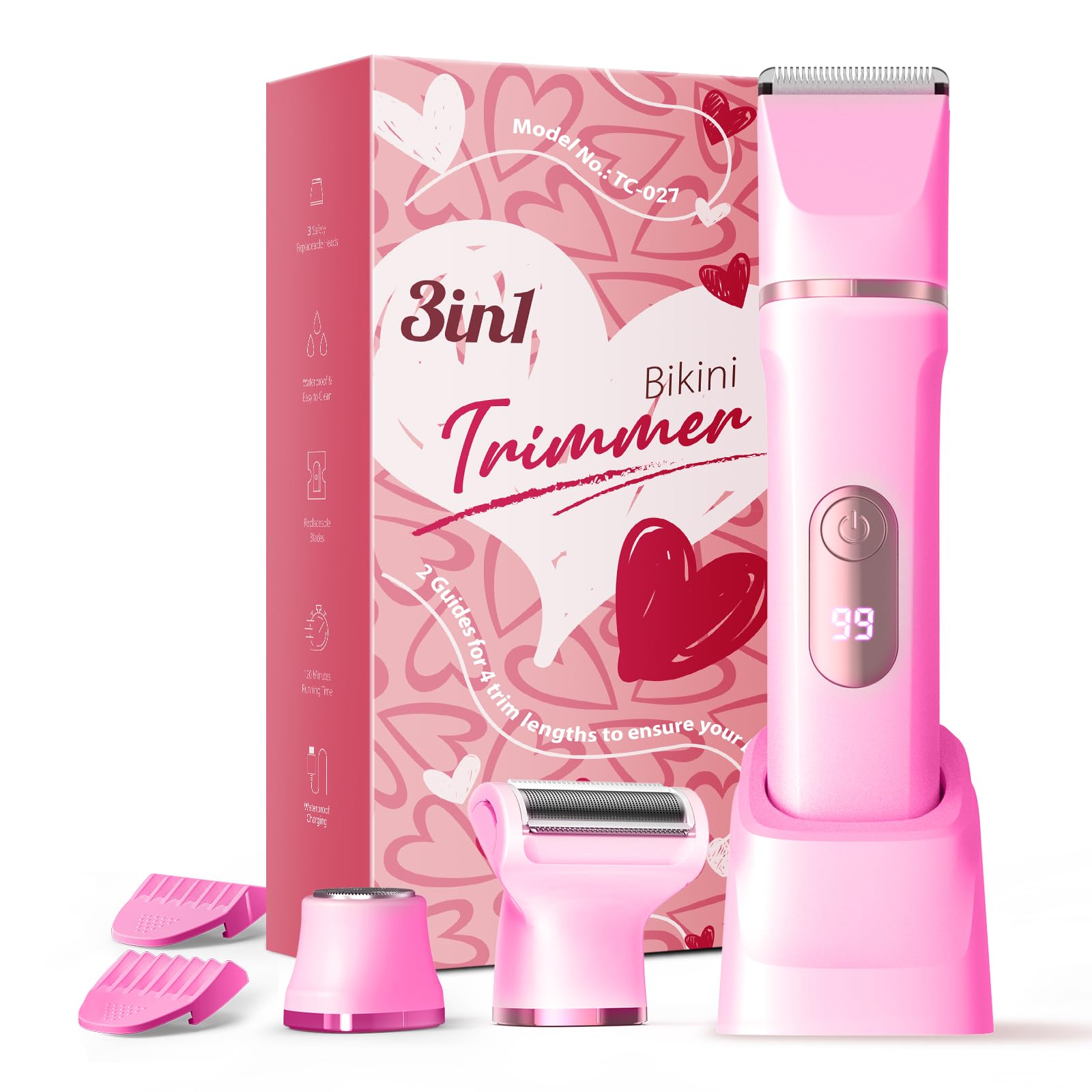 Bikini Trimmer Damen, 3-in-1 Damenrasierer mit LED-Anzeige, Elektrischer Rasierer für Gesicht, Körper & Schamhaar, IPX7 Wasserdicht Nass & Trocken, Keramikklingen, USB-Ladestation, Rosa, 1er-Pack