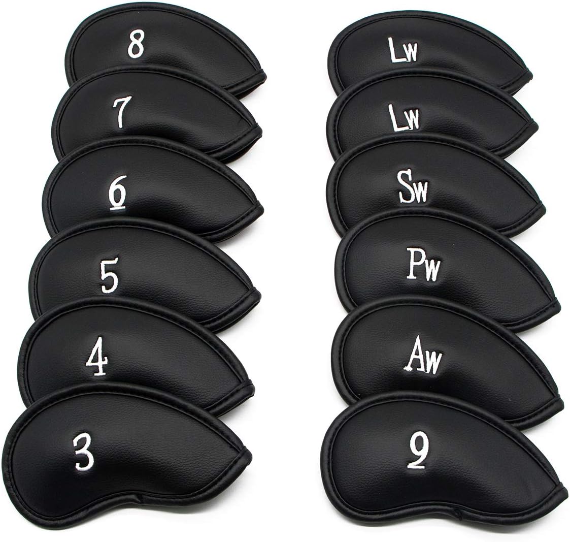 12pcs Golf Iron Head Covers - Thick Synthetic Leather Golf Club Headcover Set Fit All Brands by KUWAN (Black)