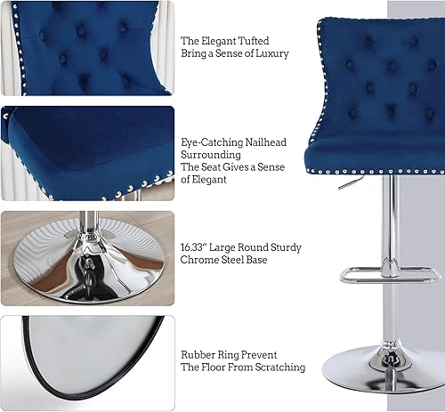Miniatura 13 de Juego de 4 taburetes de bar giratorios ajustables de terciopelo con respaldo copetudo, ribete de cabezas de clavos y anillo de tracción, sillas de
