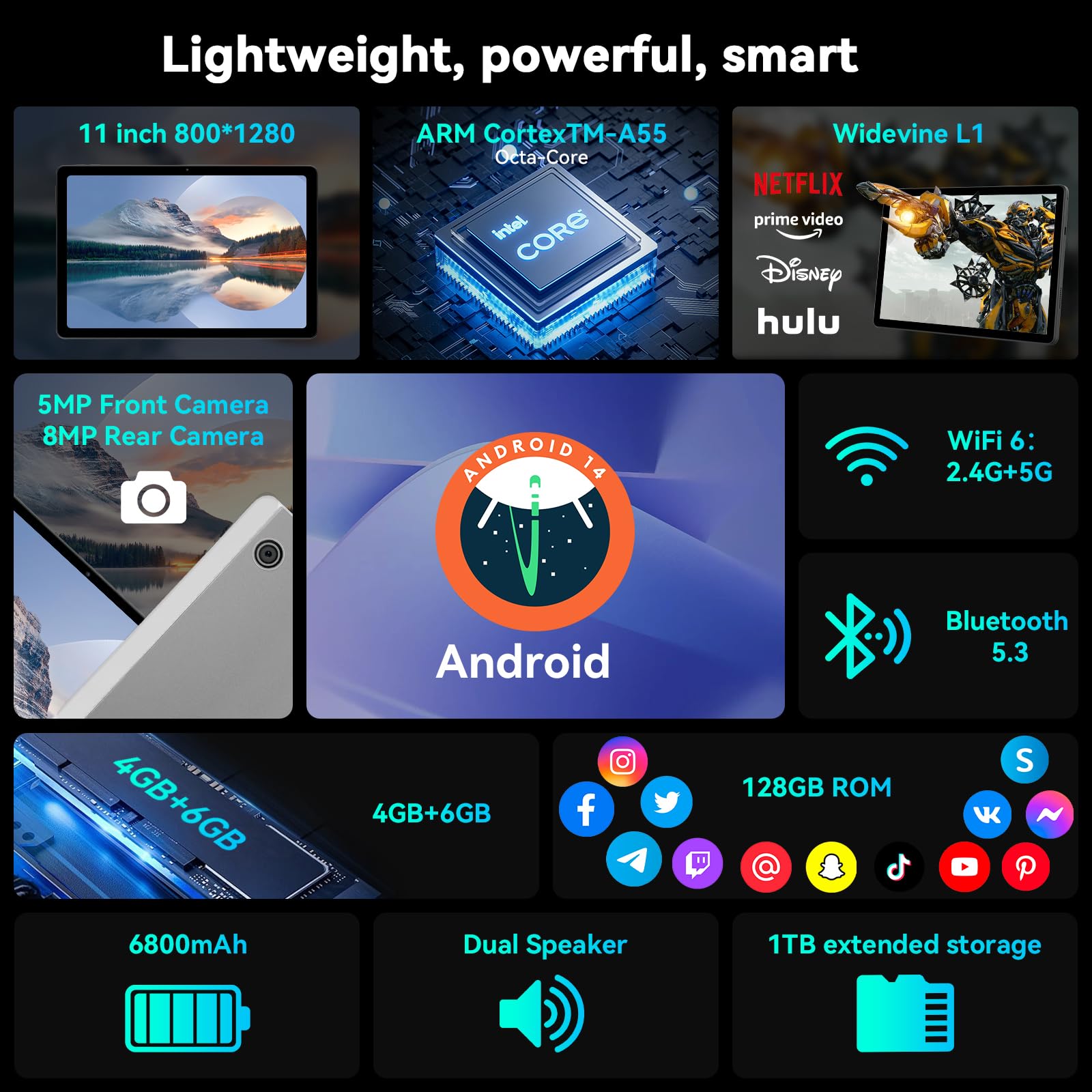 Tablet Android14 11 pollici 10 GB di RAM e 128 GB di ROM (TF 1TB espandibile) Processore octa-core 5MP+8MP Doppi altoparlanti Widevine L1+WiFi 6+Bluetooth 5.3 1280*800 HD Batteria 6800mAh (Grigio)