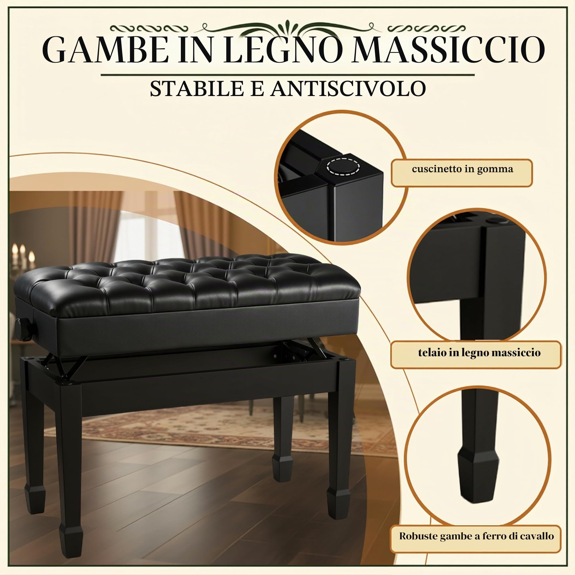 Clevich Sgabello per Pianoforte Duetto, Regolabile in Altezza 50 – 58 cm, con Vano Portaoggetti, Panca per Pianoforte con Cuscino in Pelle PU, con Gambe Curve in Legno, Portata Fino a 200 kg, Nero