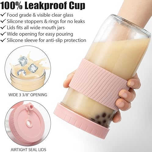 Miniatura 2 de Tarros de vidrio reutilizables con tapas y popotes, fundas de silicona, paquete de 4 vasos de batido de boca ancha de 24 onzas, vasos de té de