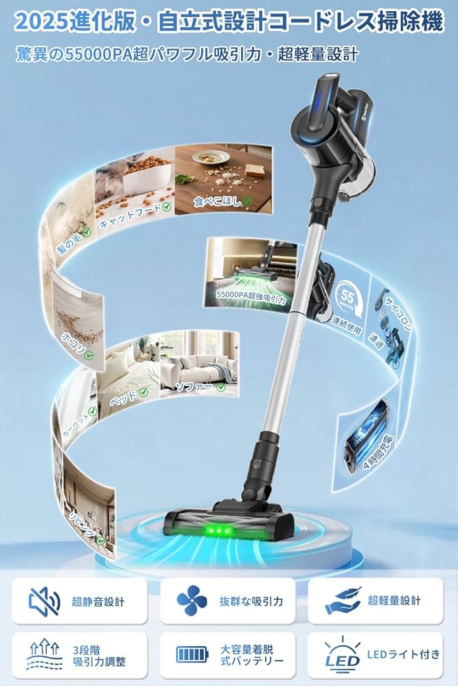 掃除機 コードレス【55000PA超強力吸引a・自立式設計・グリーンLED Amazon | Hearten 掃除機 コードレス【55000PA超強力吸引・自立