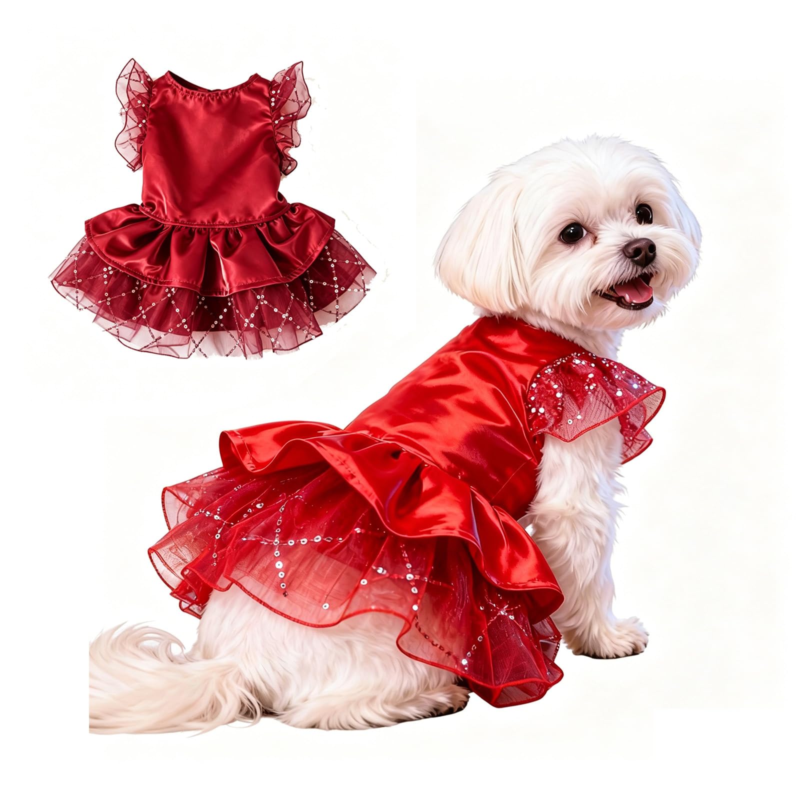 Fenralomi Elegant Pet Dress for Small Medium Dogs Cats, Princess Puppy Wedding Outfit with Lace Ruffle Tutu Skirt, Luxury Party Clothes for Chihuahua Yorkie Kitten (Red, S)
