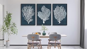 Large Framed Canvas Wall Art, White Coral Decor, 24x36 Set of 3