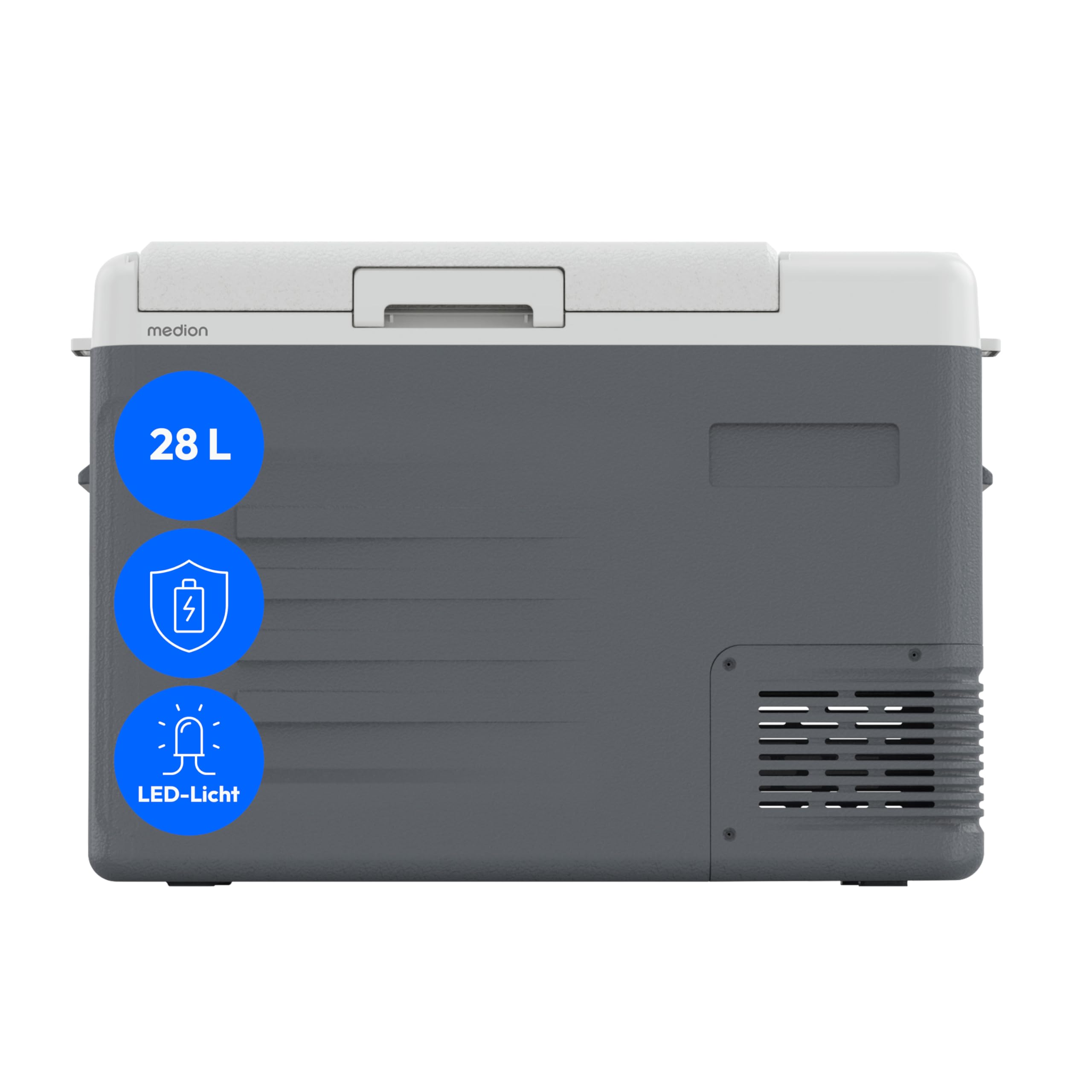 MEDION mobile elektrische Kompressor Kühlbox (28L Kapazität, elektrisch, Mini Kühlschrank & Gefrierbox, 12V 24V 230V, KFZ Adapter, für Auto LKW Wohnwagen Camping Boot Garten Festival, MD370027)
