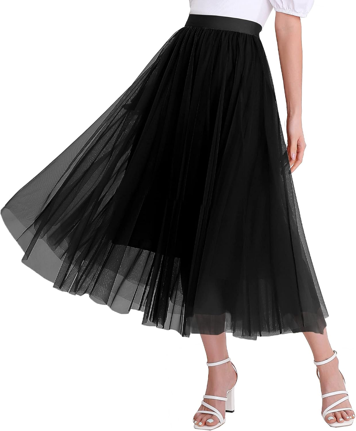 Women’s Tulle Skirts Midi Elastic High Waist Pleated Mesh Flowy A-Line Party Long Tutu Skirts… - Image 2