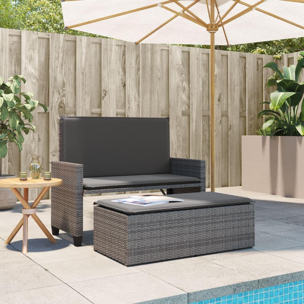 Garden Bench Grey PE Rattan 2-Seater Convertible,Luxury Outdoor Garden Bench with Convertible Sofa Bed Design Patio Furniture