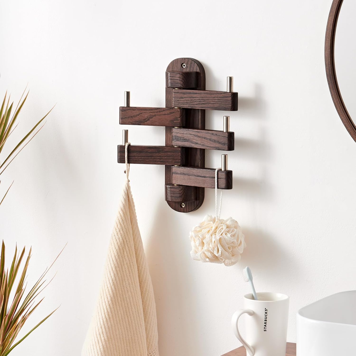 Swivel Coat Rack for Wall, Oak Wood Coat Hooks Wall Hooks with 5 Swivel Foldable Arms, Entryway Shelf for Bedroom, Entryway, Living Room, Bathroom,Office, Classroom, Heavy Duty (Walnut)