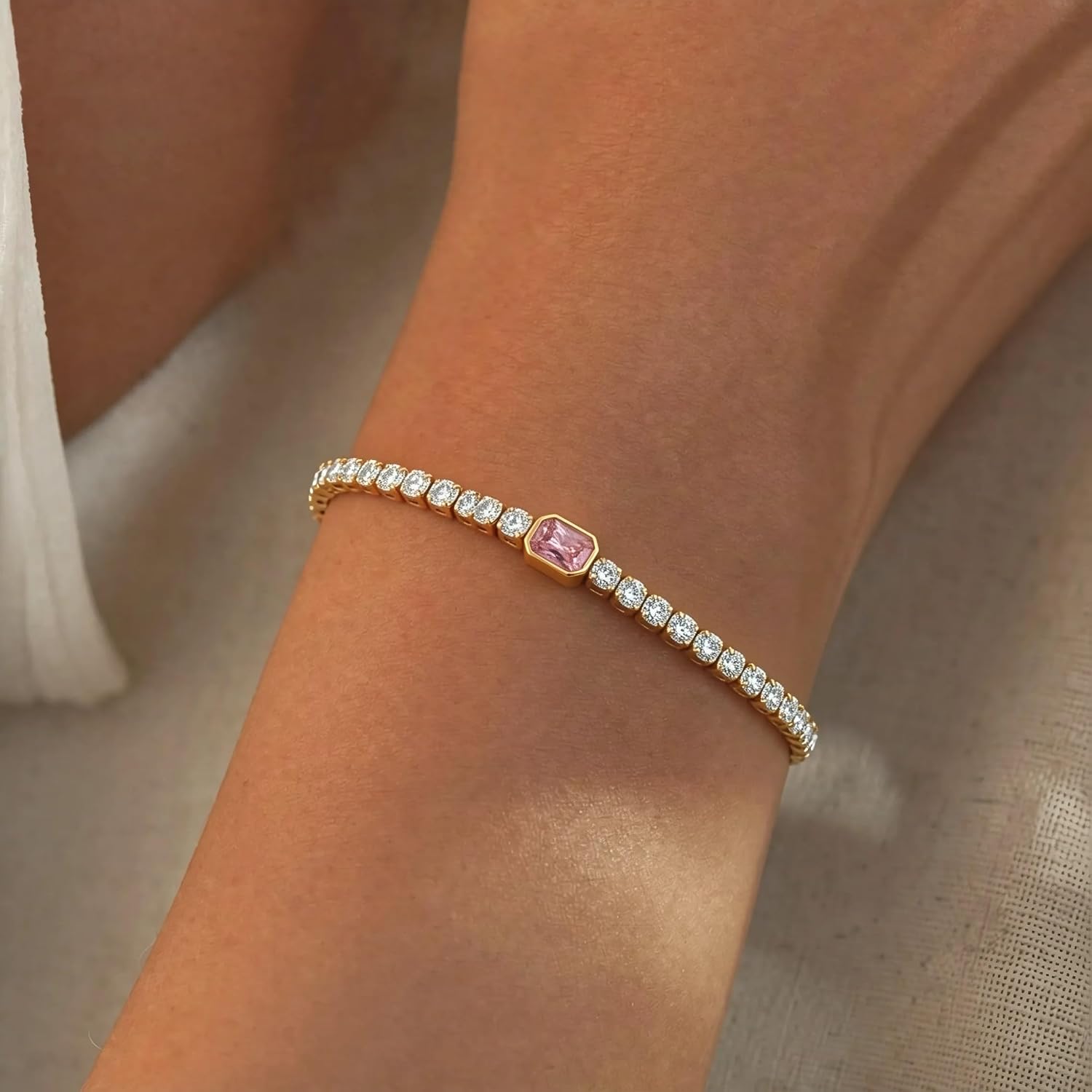 Birthstone Bracelet for Women – 14K Gold Plated Stainless Steel Heart & Emerald Cut Tennis Bracelet, Adjustable CZ Jewelry Gift for Her