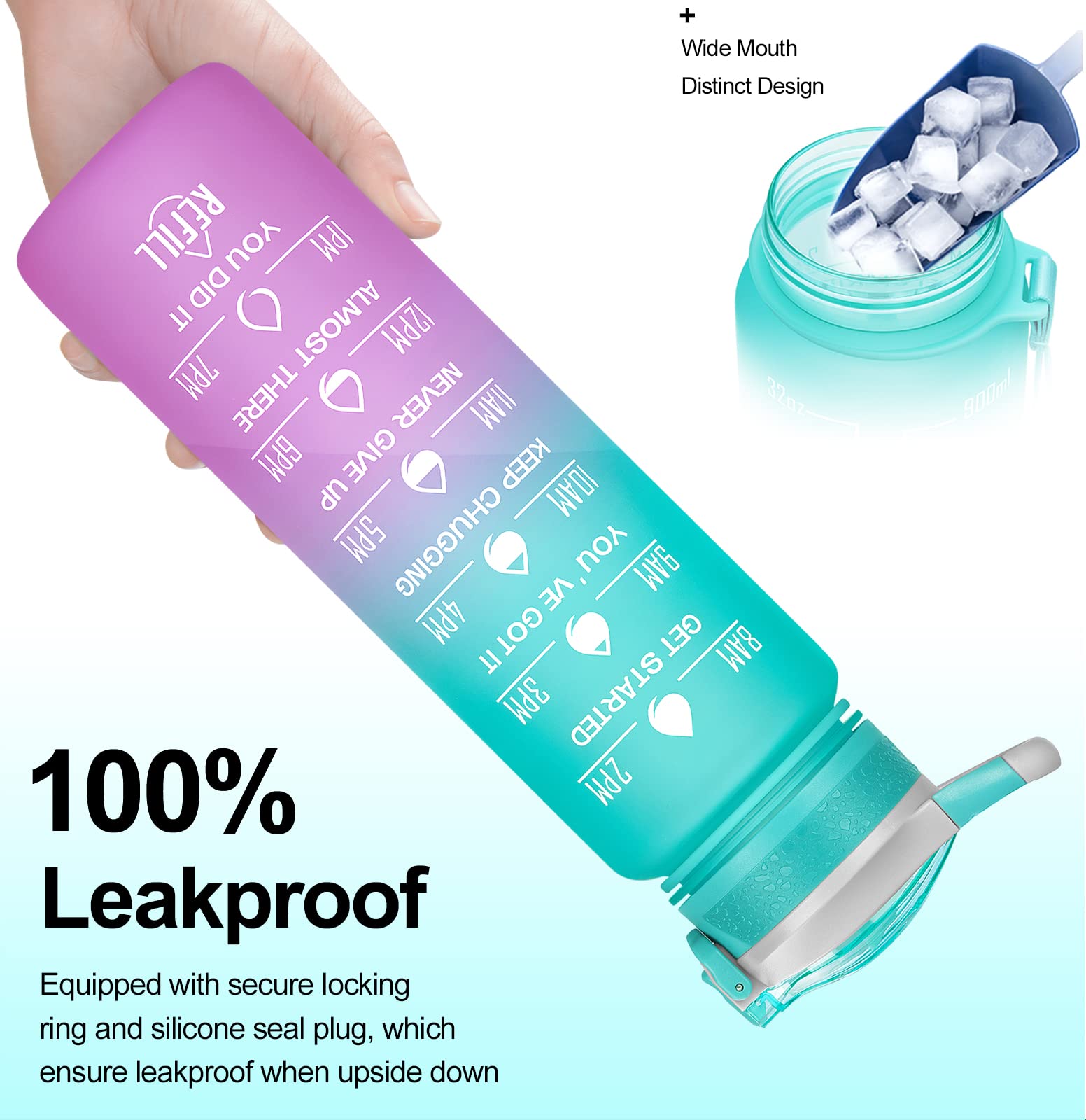 ELYPHINE Borraccia1L, Borraccia Sportiva con Cannuccia Borraccia Motivante Senza BPA con Timestamp Brocca D'acqua in Tritan a Prova di Perdite per Bicicletta, Campeggio, Sport all'aria Aperta