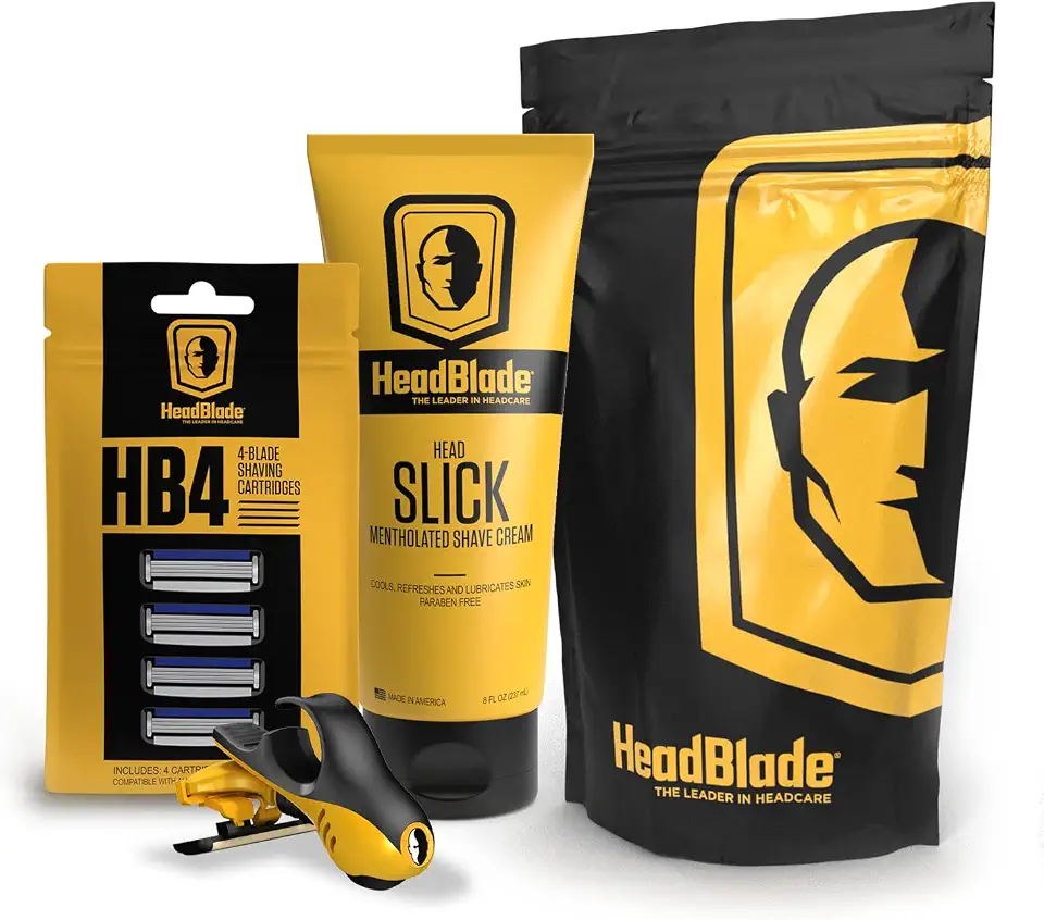 HeadBlade Kit Inicial Para Barbear A Cabeça Moto Men'S Com Creme De Barbear Headslick, Aparelho De Barbear E Refis De Lâmina (8 Onças De Headslick)
