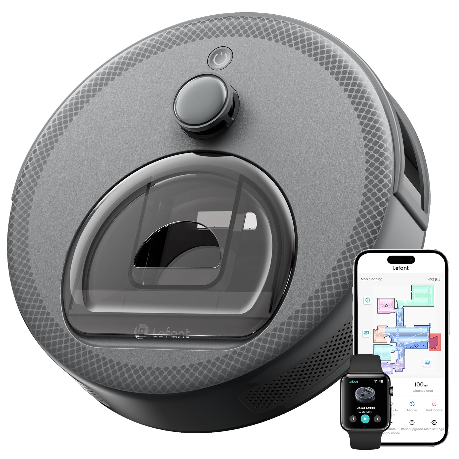Lefant M330 Robot Aspirateur Laveur, 3 en 1 Aspirateur Robot, Navigation dToF, Cartographie, 5000Pa, 150min, Évitement d'obstacles, Zones Virtuelles, Évitement d'obstacles PSD, Alexa/APP/WiFi, Gris