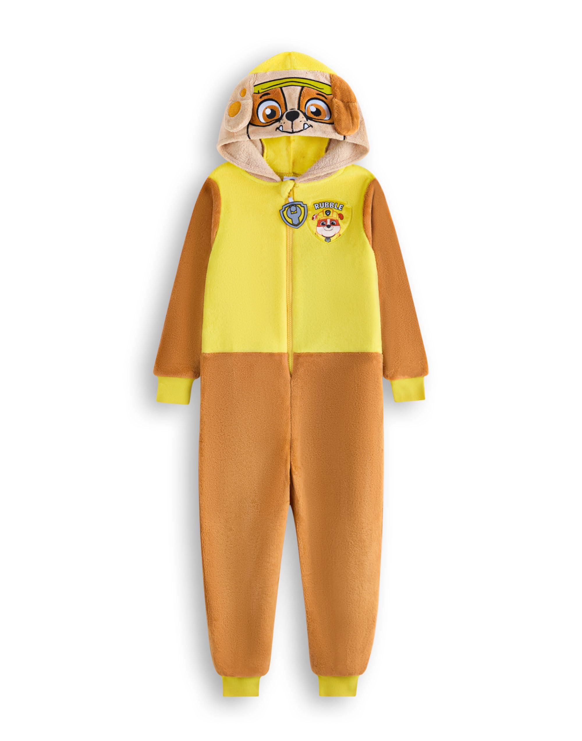 Paw Patrol Patrol puin onesie voor jongens en meisjes | Alles-in-één pyjama voor kinderen in bruin en geel | Unisex nachtkleding jumpsuit geborduurde capuchon met 3D-oren