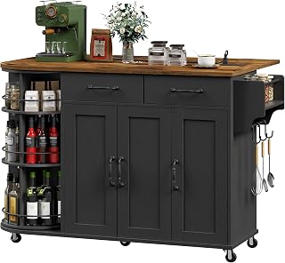 Kitchen Island with Power Outlet & Drop Leaf, Kitchen Rolling Island with Rotating Organizer, Kitchen Island Cart with Storage Cabinet, Mobile Island Table for Kitchen, Black and Rustic Brown