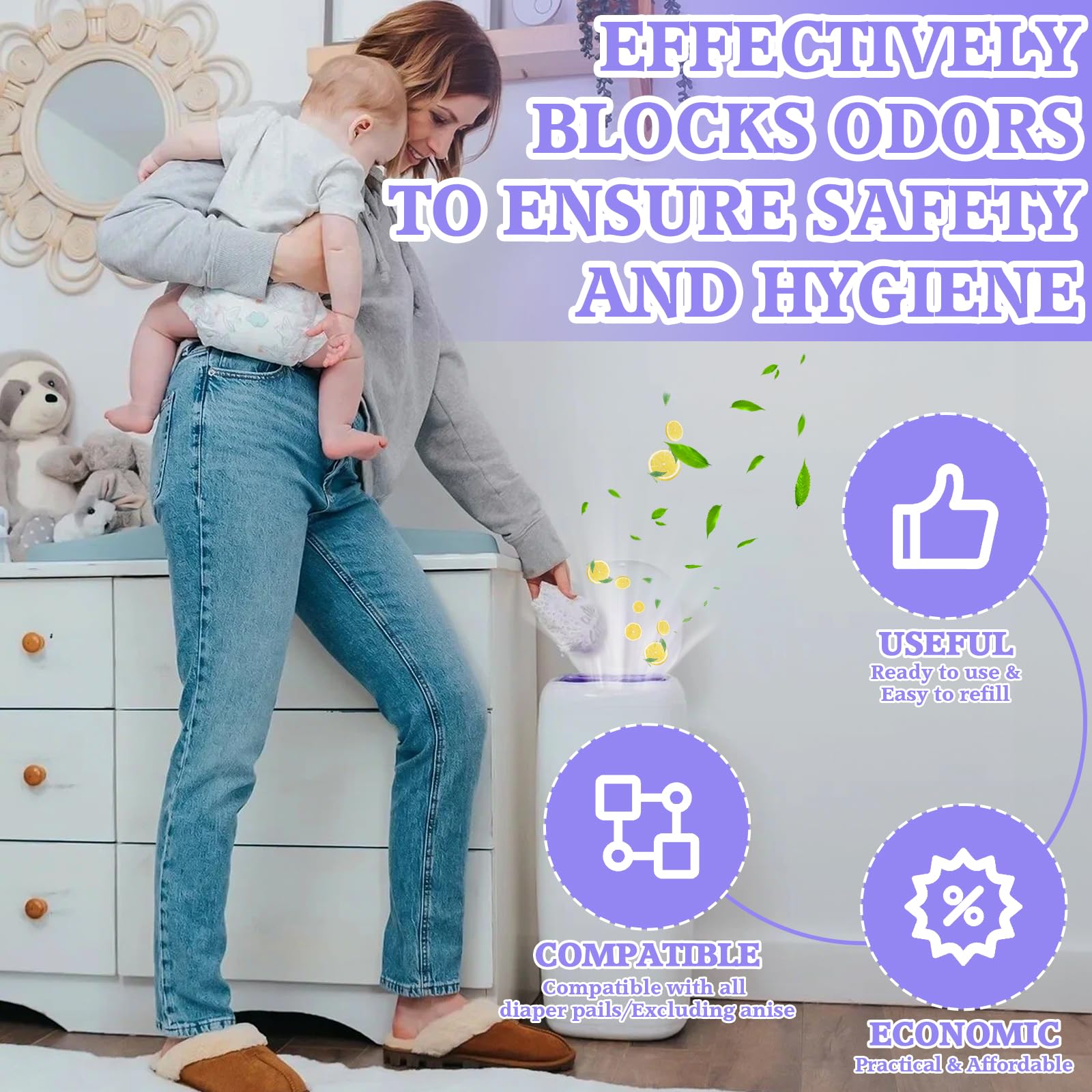 15 Piezas Recambios Cubos de Pañales, 4,5 M Antiolor Recambios de Papelera Pañales Bebe, Gran Capacidad Antiodor Bolsas Pañales Recambios, compatible con todos contenedores de pañales, Púrpura